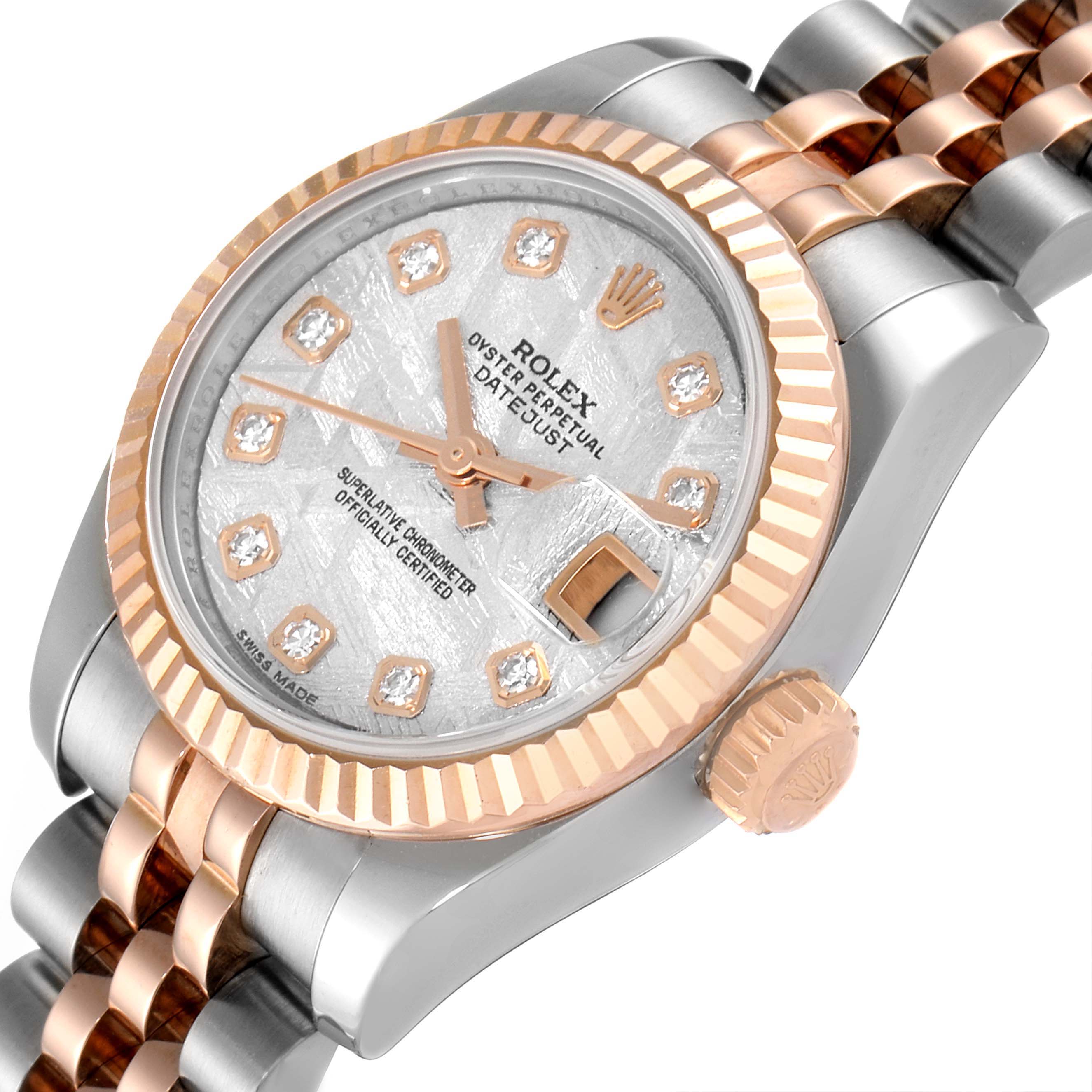 This angle showcases the face, bezel, crown, and Jubilee bracelet of the Rolex Datejust 179171 Women's Steel and Gold (two tone) Silver Dial 179171 Women's Steel and Gold (two tone) Silver Dial model.