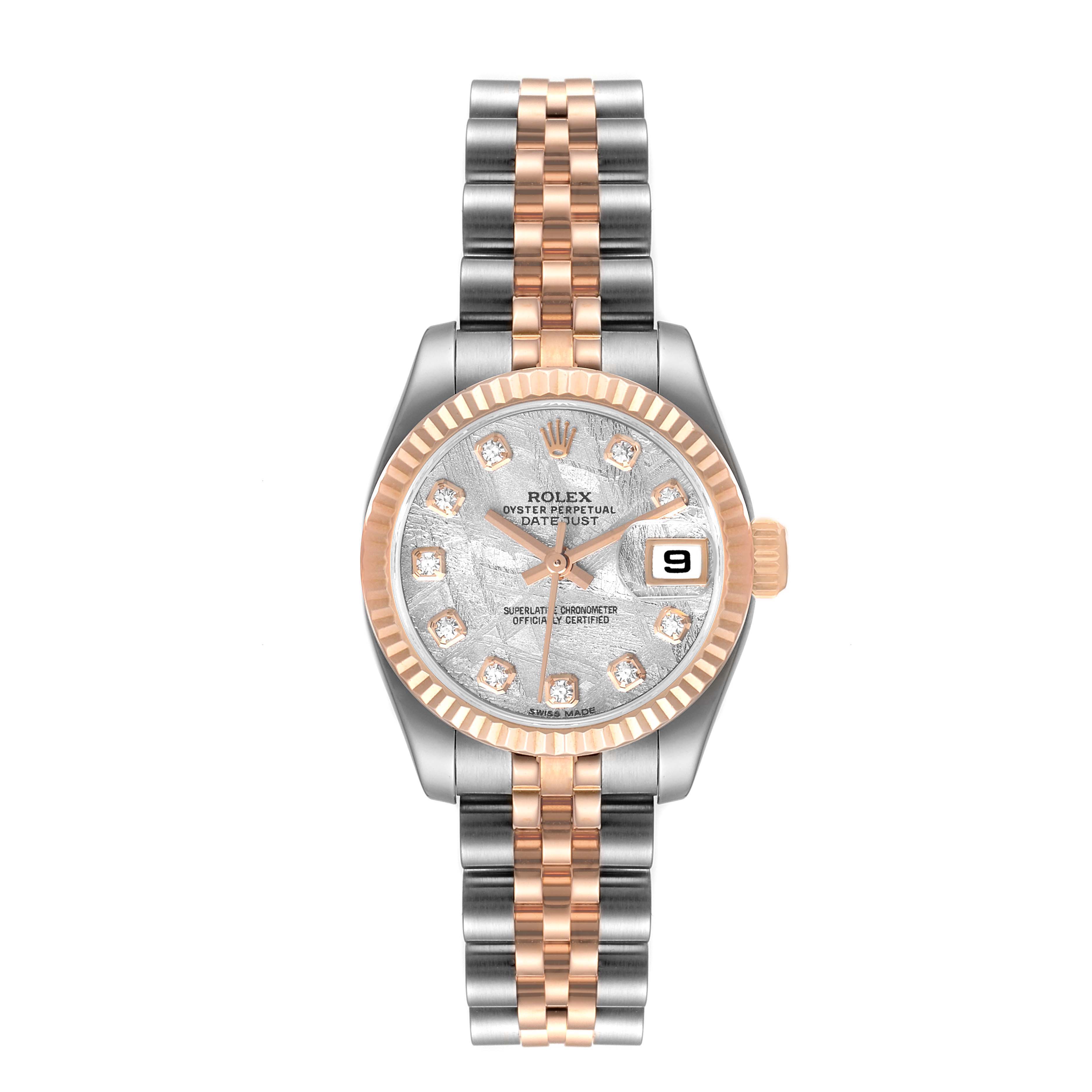 This image shows a Rolex Datejust 179171 Women's Steel and Gold (two tone) Silver Dial 179171 Women's Steel and Gold (two tone) Silver Dial watch from a front angle, displaying its dial, case, bezel, crown, and bracelet.