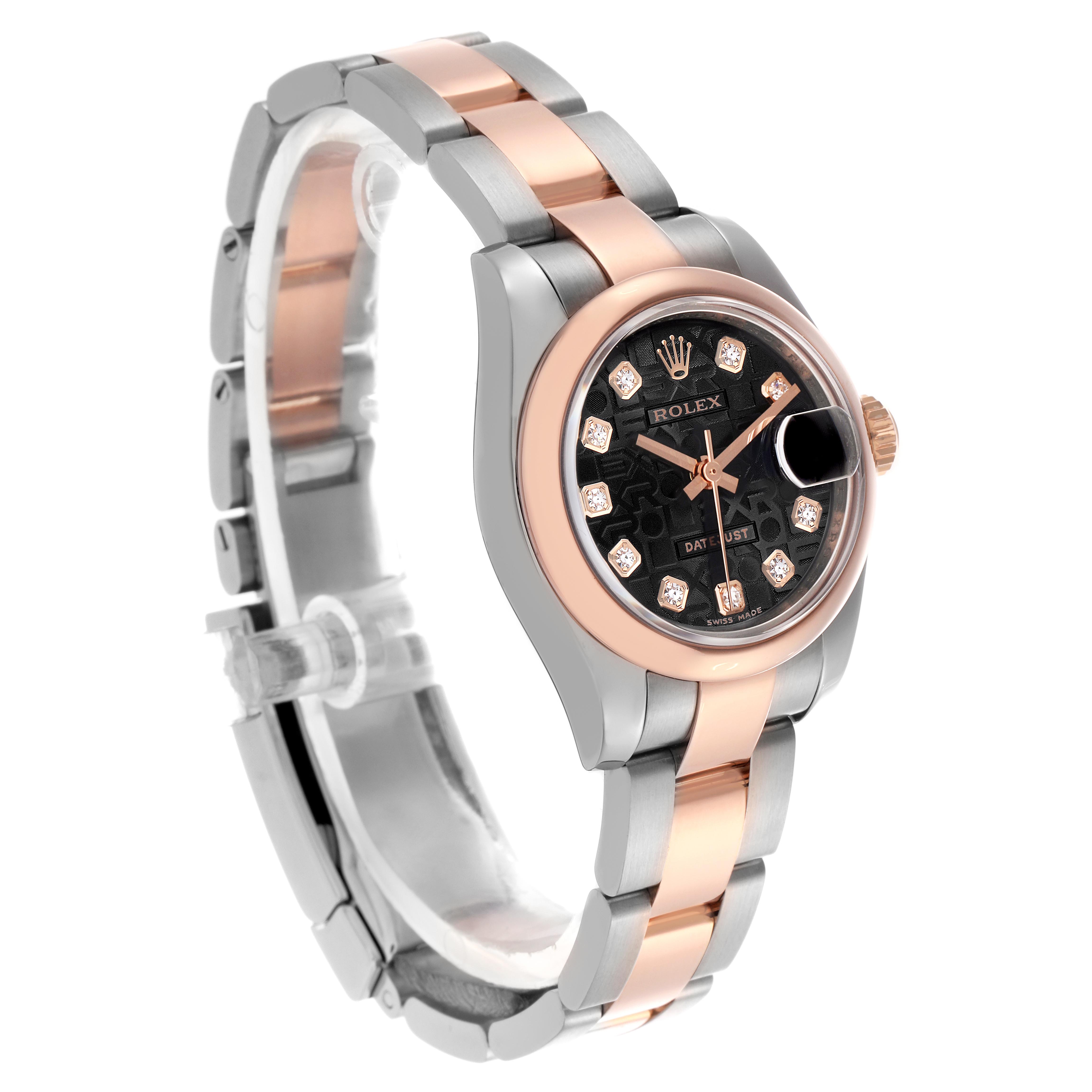 The Rolex Datejust 179161 Women's Steel and Gold (two tone) Black Dial 179161 Women's Steel and Gold (two tone) Black Dial watch is shown from a 3/4 angle, highlighting the dial, bezel, crown, and two-tone bracelet.