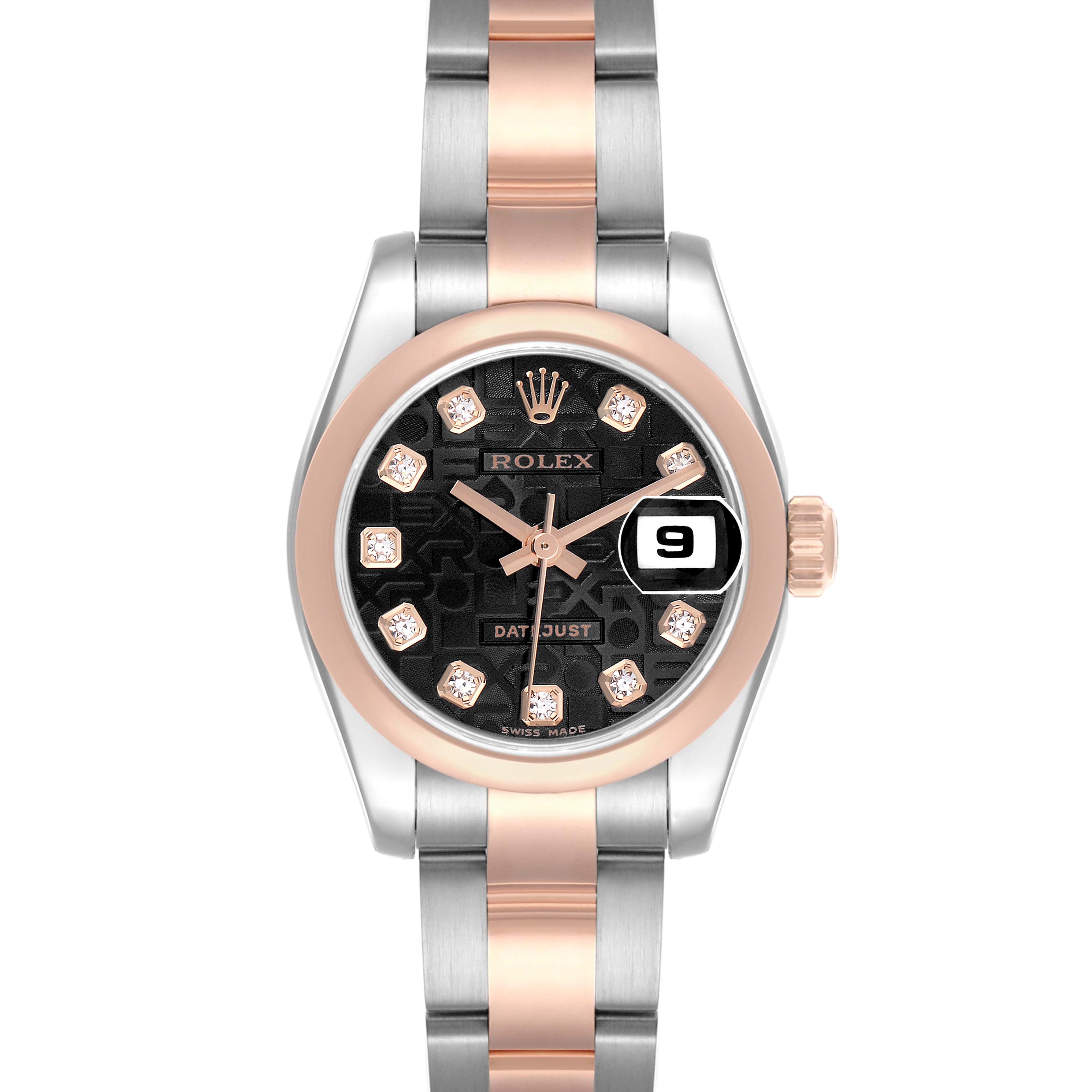 The Rolex Datejust 179161 Women's Steel and Gold (two tone) Black Dial 179161 Women's Steel and Gold (two tone) Black Dial watch is shown from the front, displaying its two-tone bracelet, black dial with diamond markers, and date feature.
