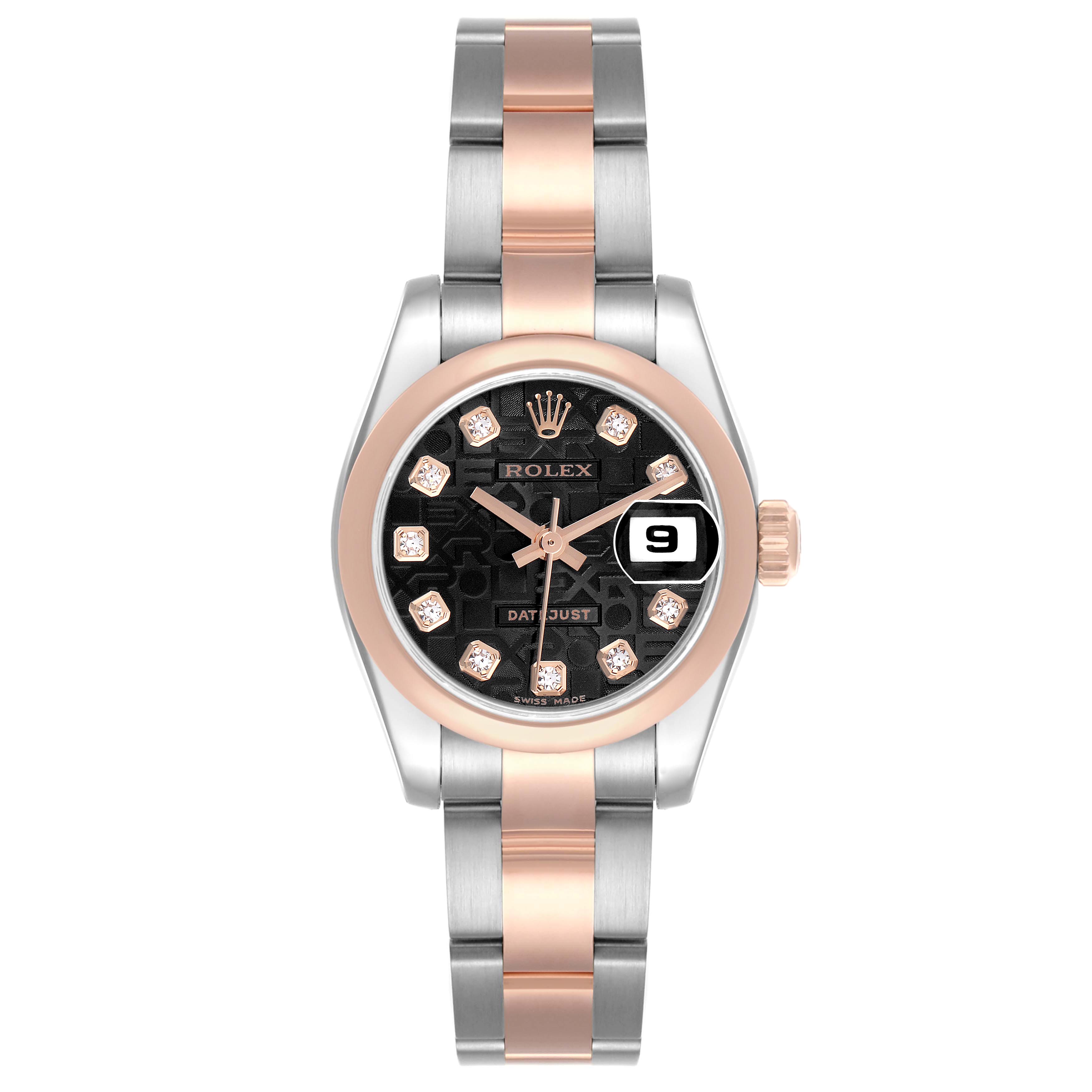 The Rolex Datejust 179161 Women's Steel and Gold (two tone) Black Dial 179161 Women's Steel and Gold (two tone) Black Dial watch is shown from a top-down angle, displaying the dial, bezel, and bracelet.