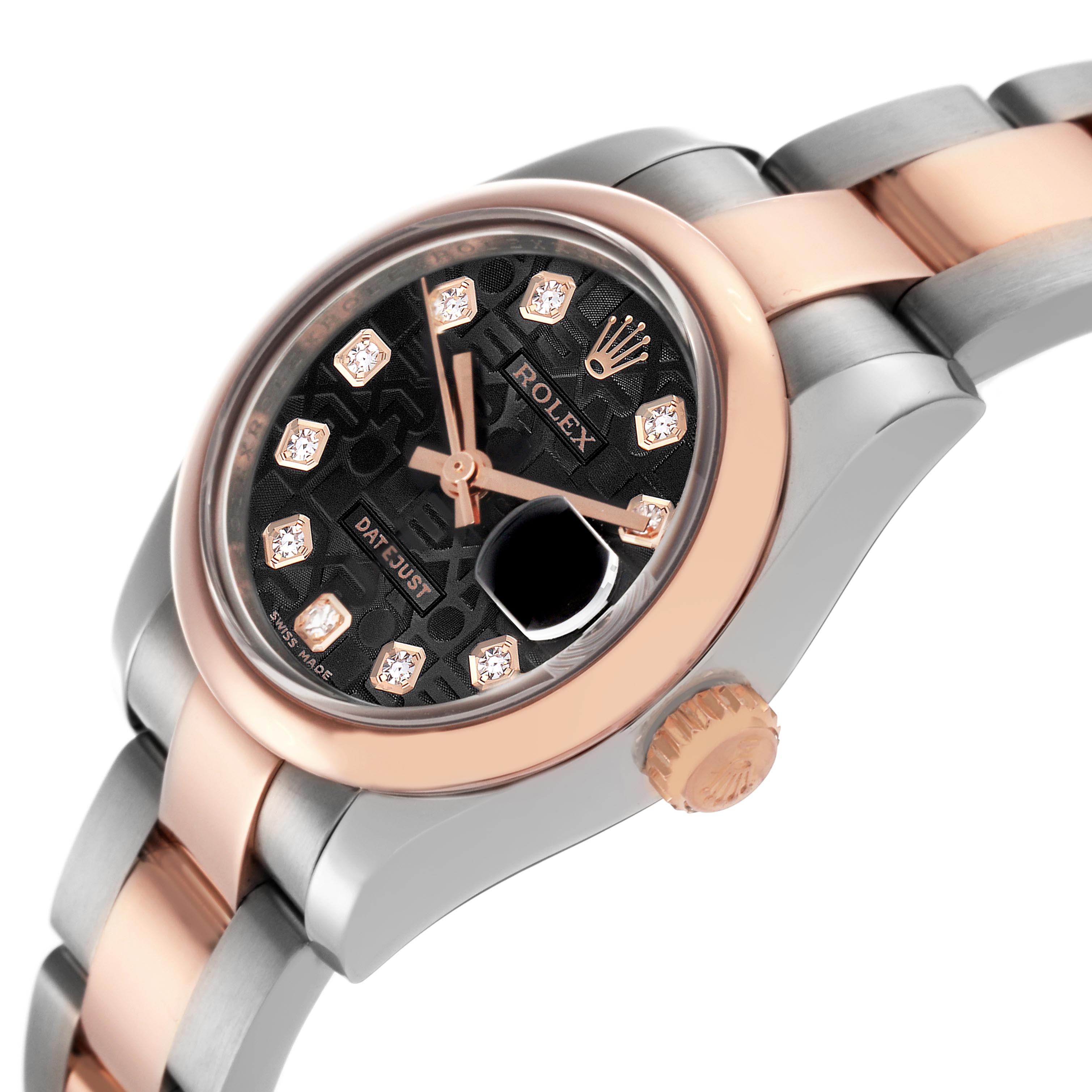 The Rolex Datejust 179161 Women's Steel and Gold (two tone) Black Dial 179161 Women's Steel and Gold (two tone) Black Dial is shown at a side angle, highlighting the bezel, dial, crown, and bracelet.