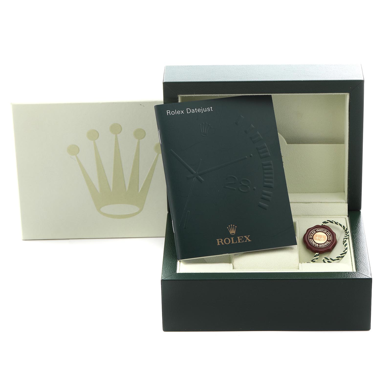 The image shows a Rolex Datejust 179161 Women's Steel and Gold (two tone) Black Dial 179161 Women's Steel and Gold (two tone) Black Dial box with a manual and authenticity tag, angled slightly open.