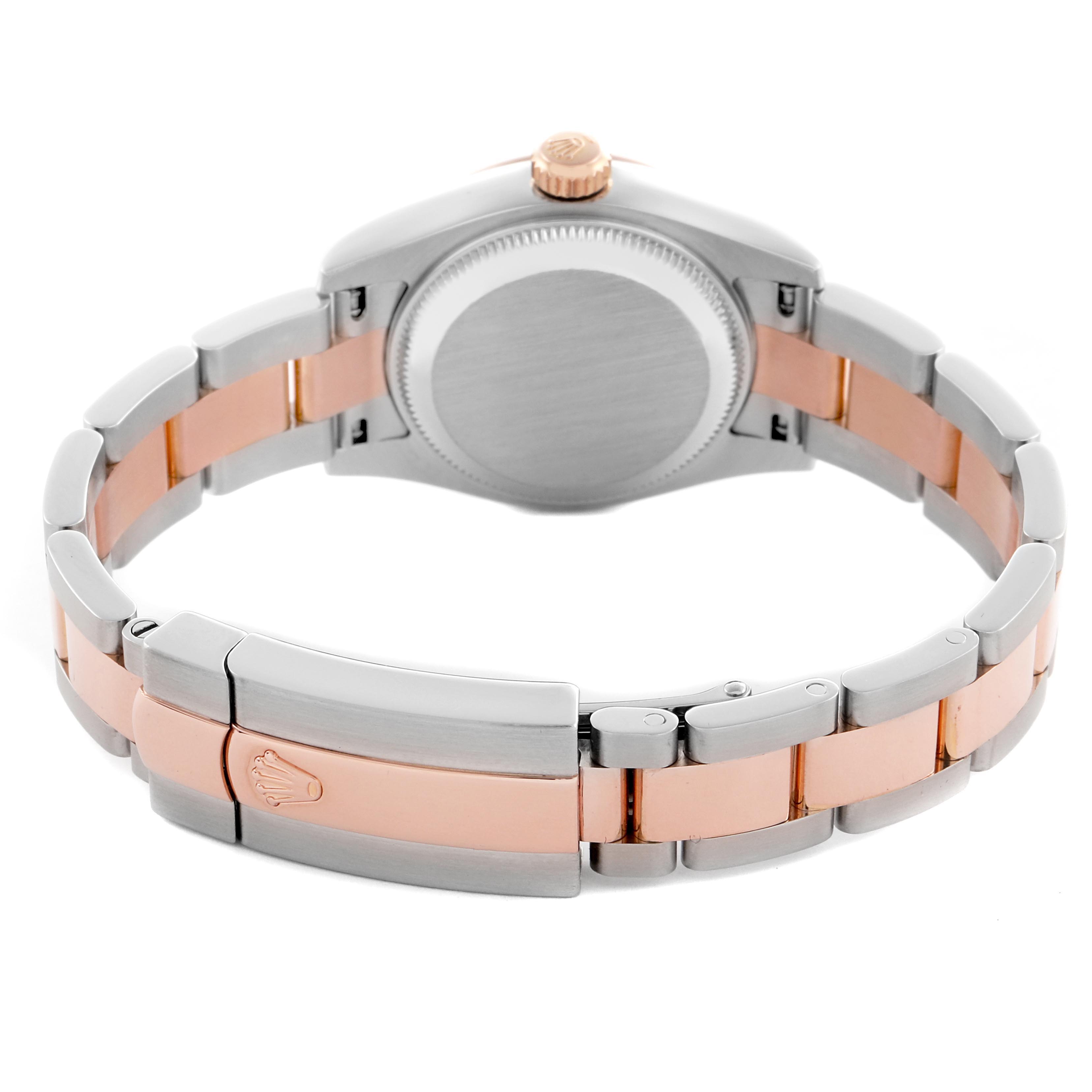 The image shows the back view of the Rolex Datejust 179161 Women's Steel and Gold (two tone) Black Dial 179161 Women's Steel and Gold (two tone) Black Dial, highlighting its two-tone bracelet and clasp with the crown logo.