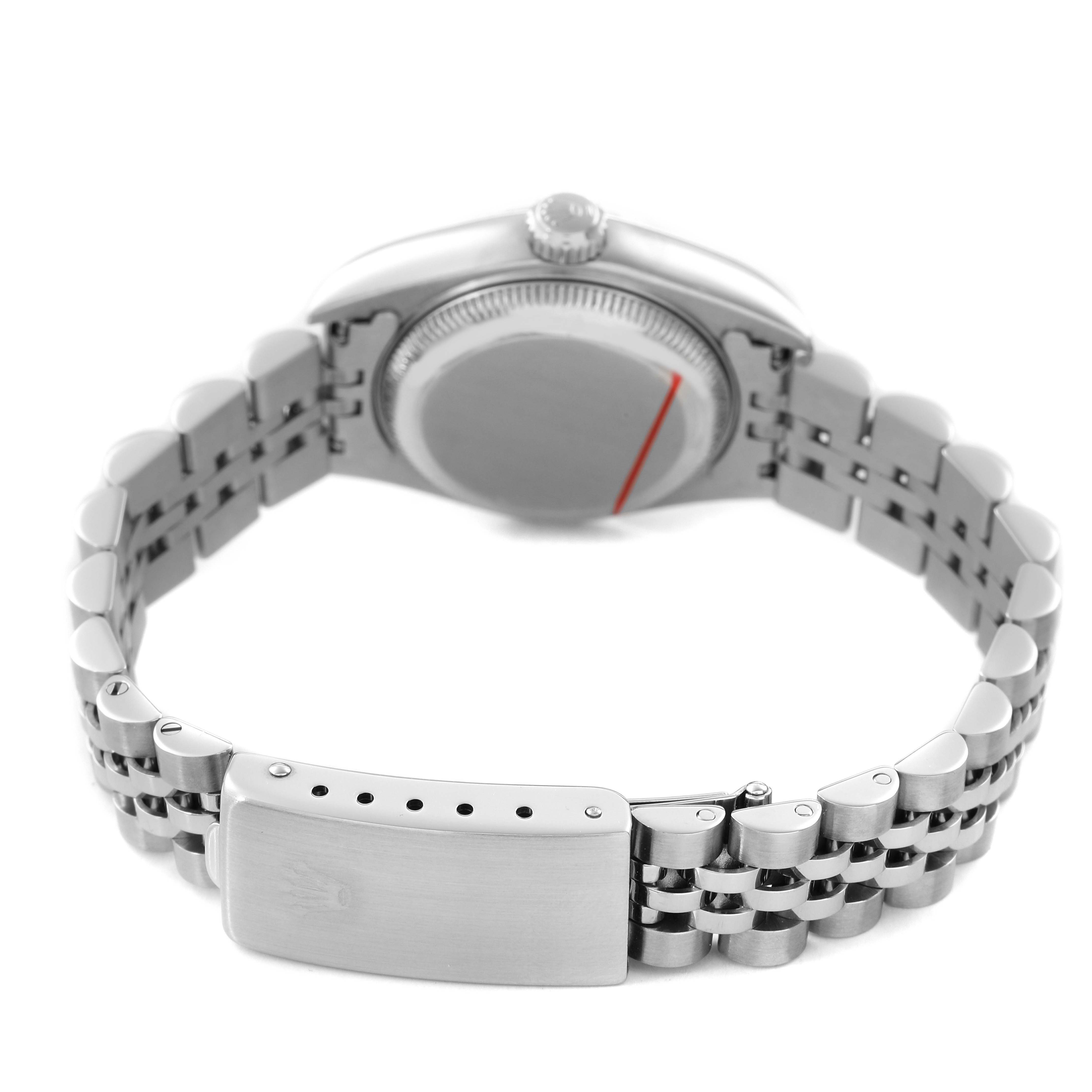 The image shows the back case and bracelet clasp of a Rolex Datejust 79174 Women's Stainless Steel Blue Dial watch from a rear angle.