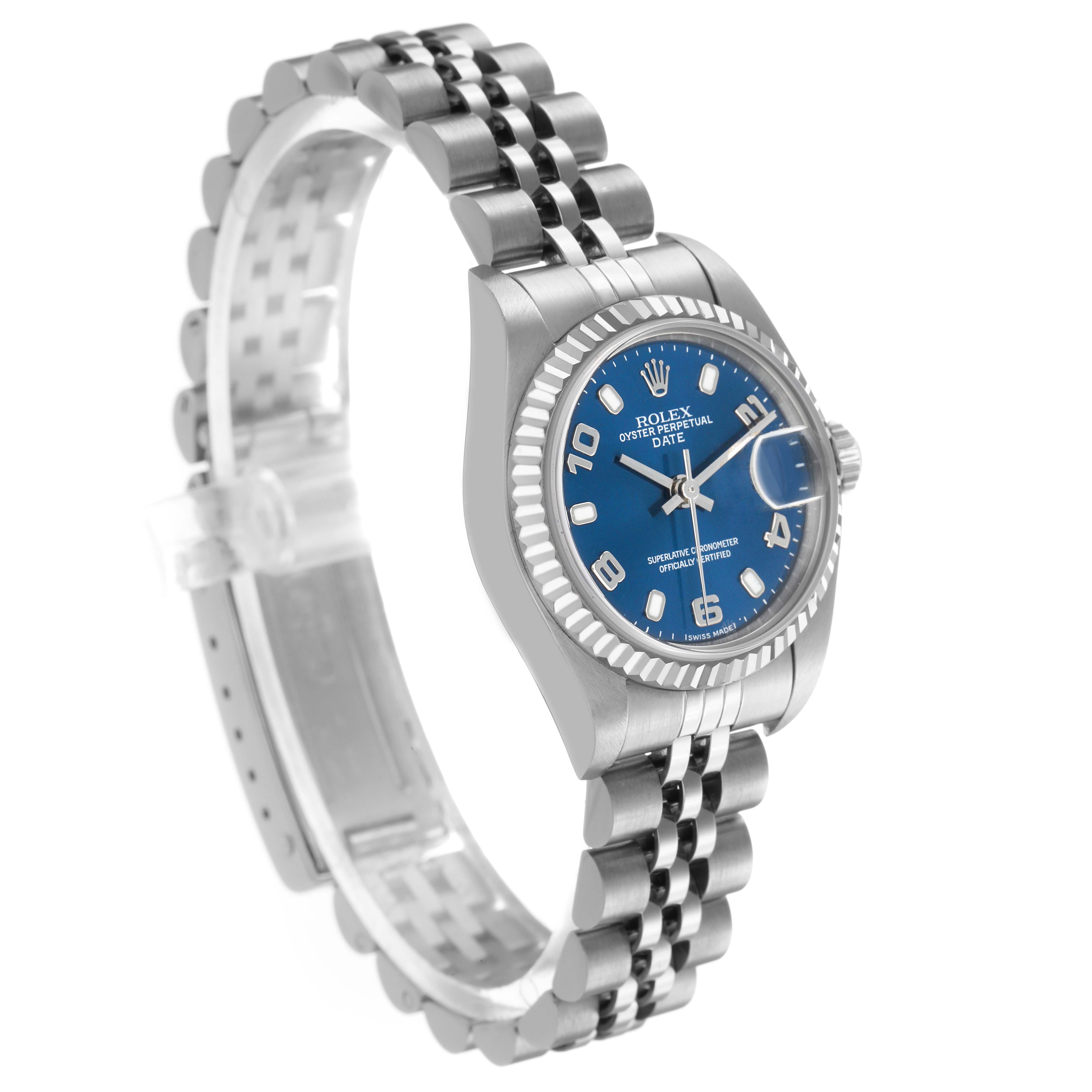 The Rolex Datejust 79174 Women's Stainless Steel Blue Dial watch is shown at an angle displaying the face, bezel, crown, and part of the bracelet.