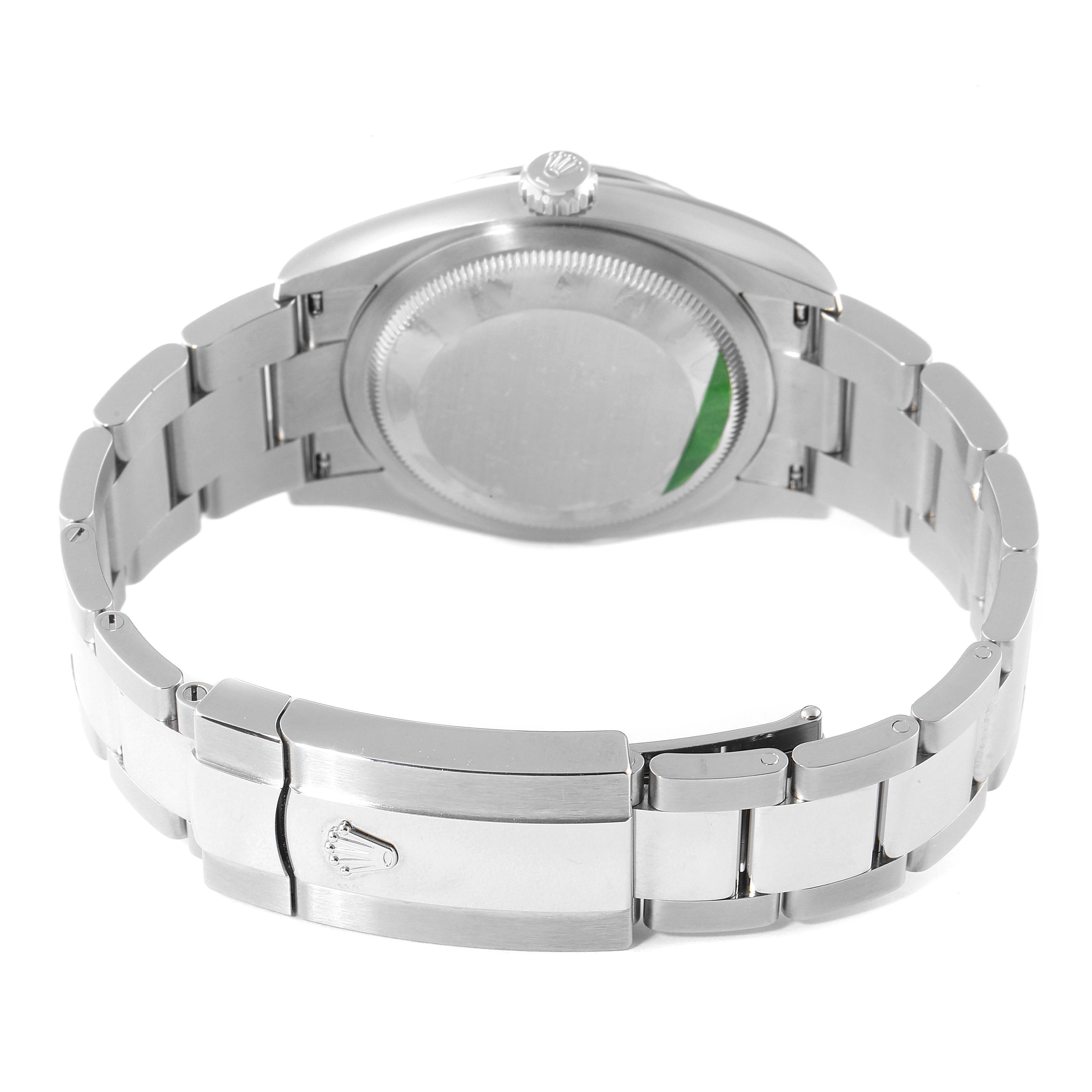 This image shows the back and bracelet of a Rolex Datejust 126234 Men's Stainless Steel Blue Dial 126234 Men's Stainless Steel Blue Dial watch from an angled rear view.