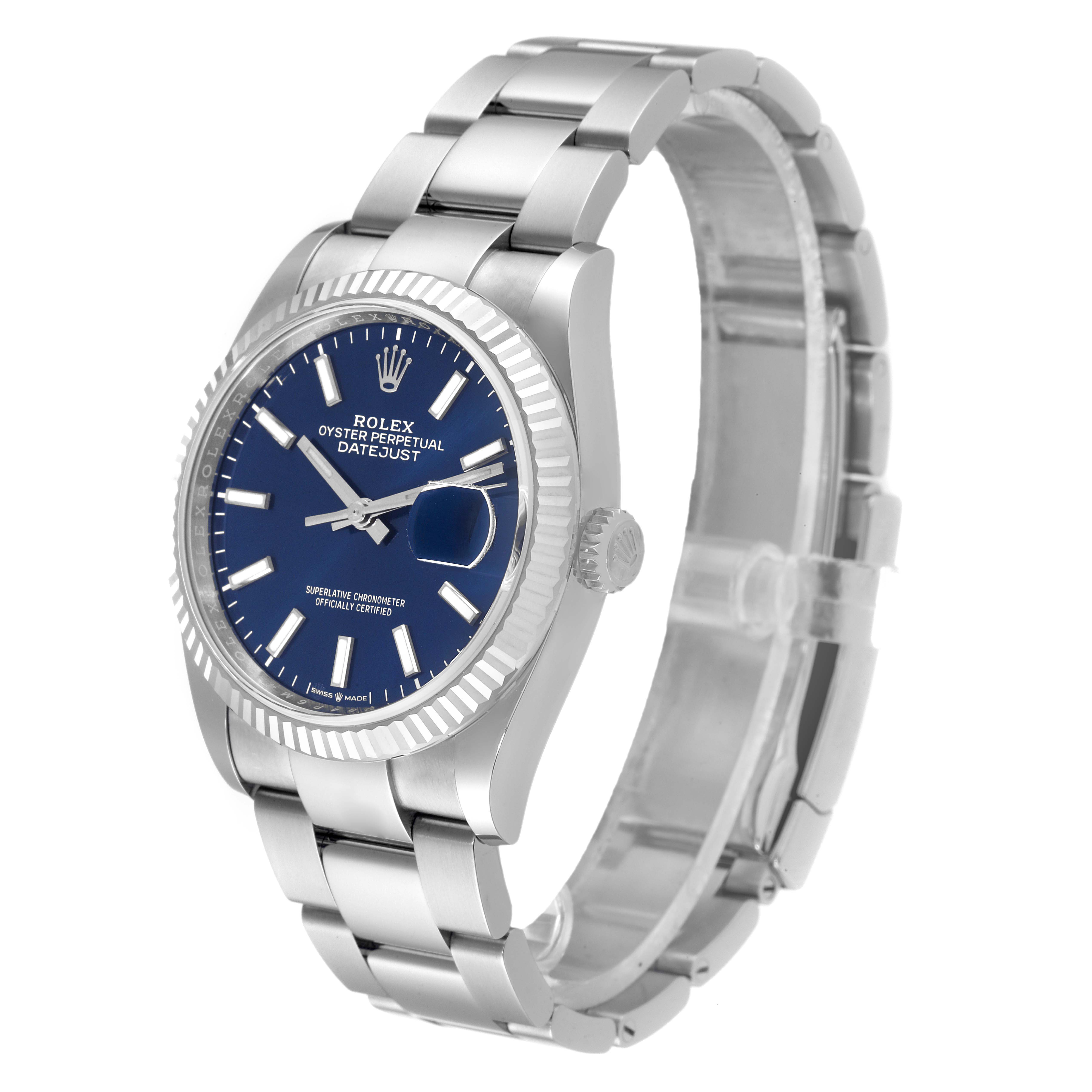 The image shows a Rolex Datejust 126234 Men's Stainless Steel Blue Dial 126234 Men's Stainless Steel Blue Dial watch from a three-quarter angle, showcasing its bracelet, bezel, crown, and dial.