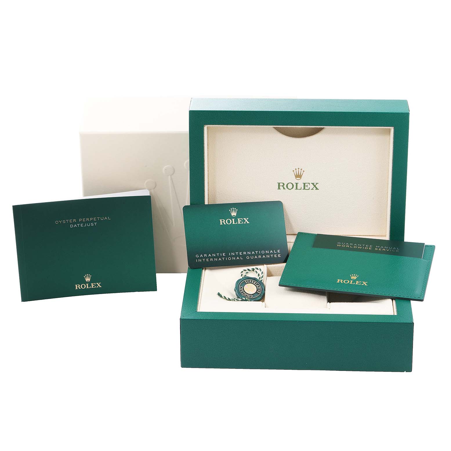 The image shows the Rolex Datejust 126234 Men's Stainless Steel Blue Dial 126234 Men's Stainless Steel Blue Dial packaging, including the box, manuals, and guarantee card.