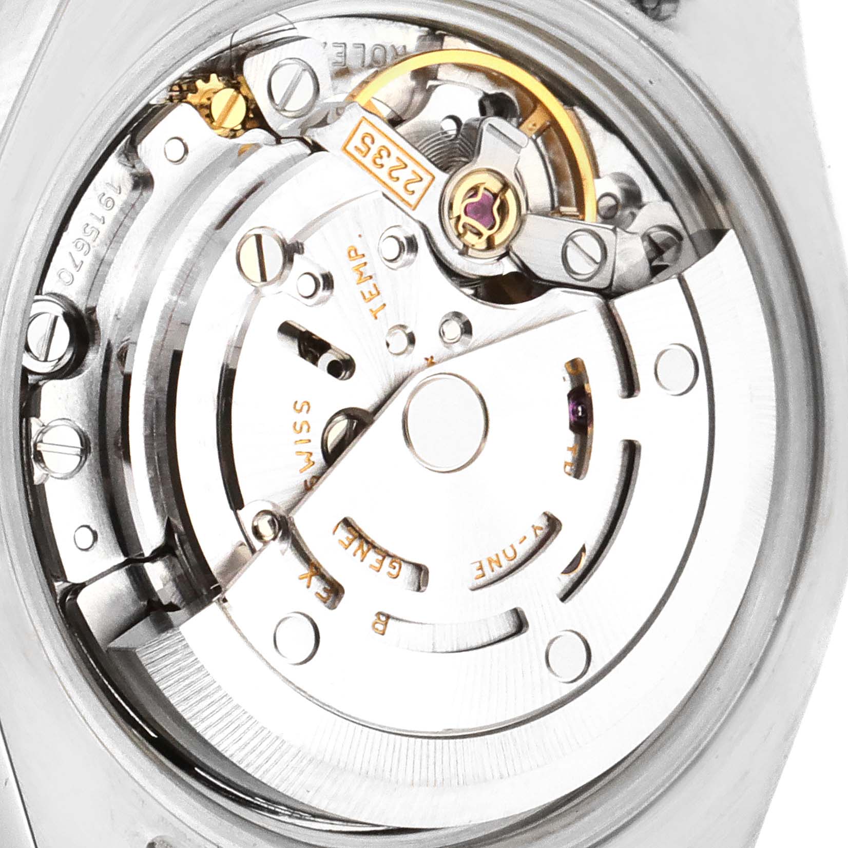 This image displays the movement mechanism and internal components of a Rolex Datejust 179174 Women
s Stainless Steel Mother of Pearl Dial 179174 Women
s Stainless Steel Mother of Pearl Dial watch.