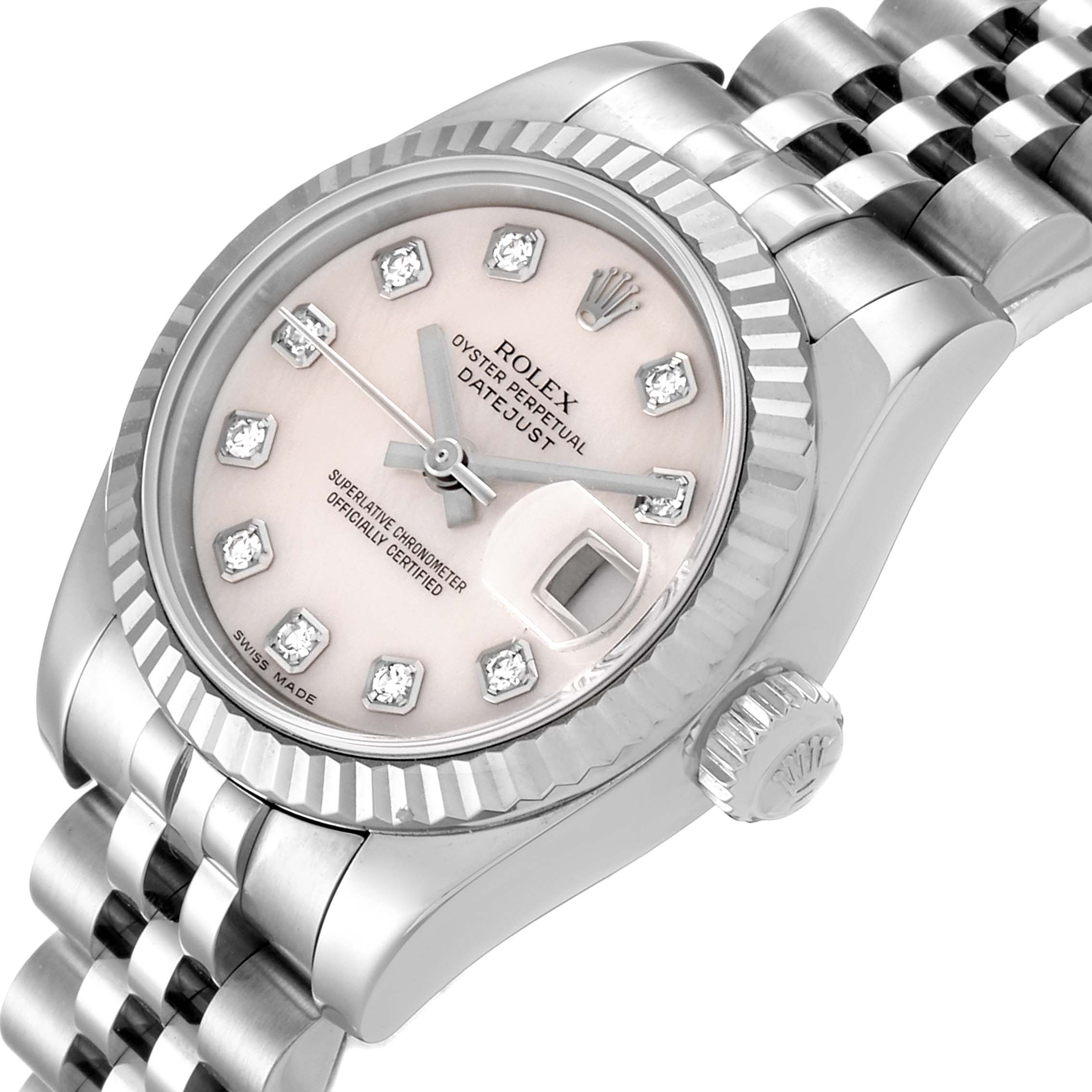 The Rolex Datejust 179174 Women
s Stainless Steel Mother of Pearl Dial 179174 Women
s Stainless Steel Mother of Pearl Dial watch is shown at a slight angle, displaying the dial, bezel, and part of the bracelet.
