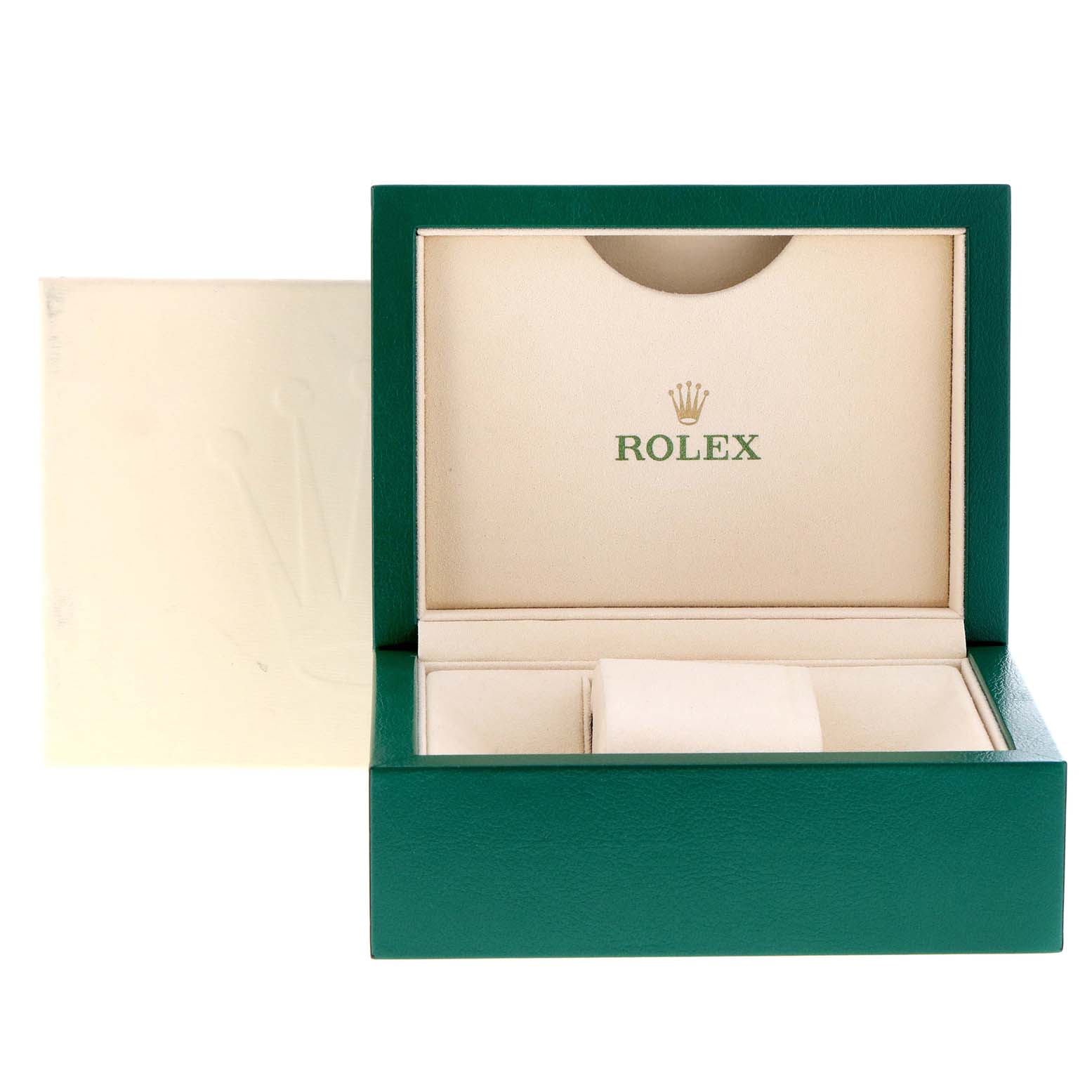 This image shows an open green and beige watch box for a Rolex Datejust 179174 Women
s Stainless Steel Mother of Pearl Dial 179174 Women
s Stainless Steel Mother of Pearl Dial model from a front angle.