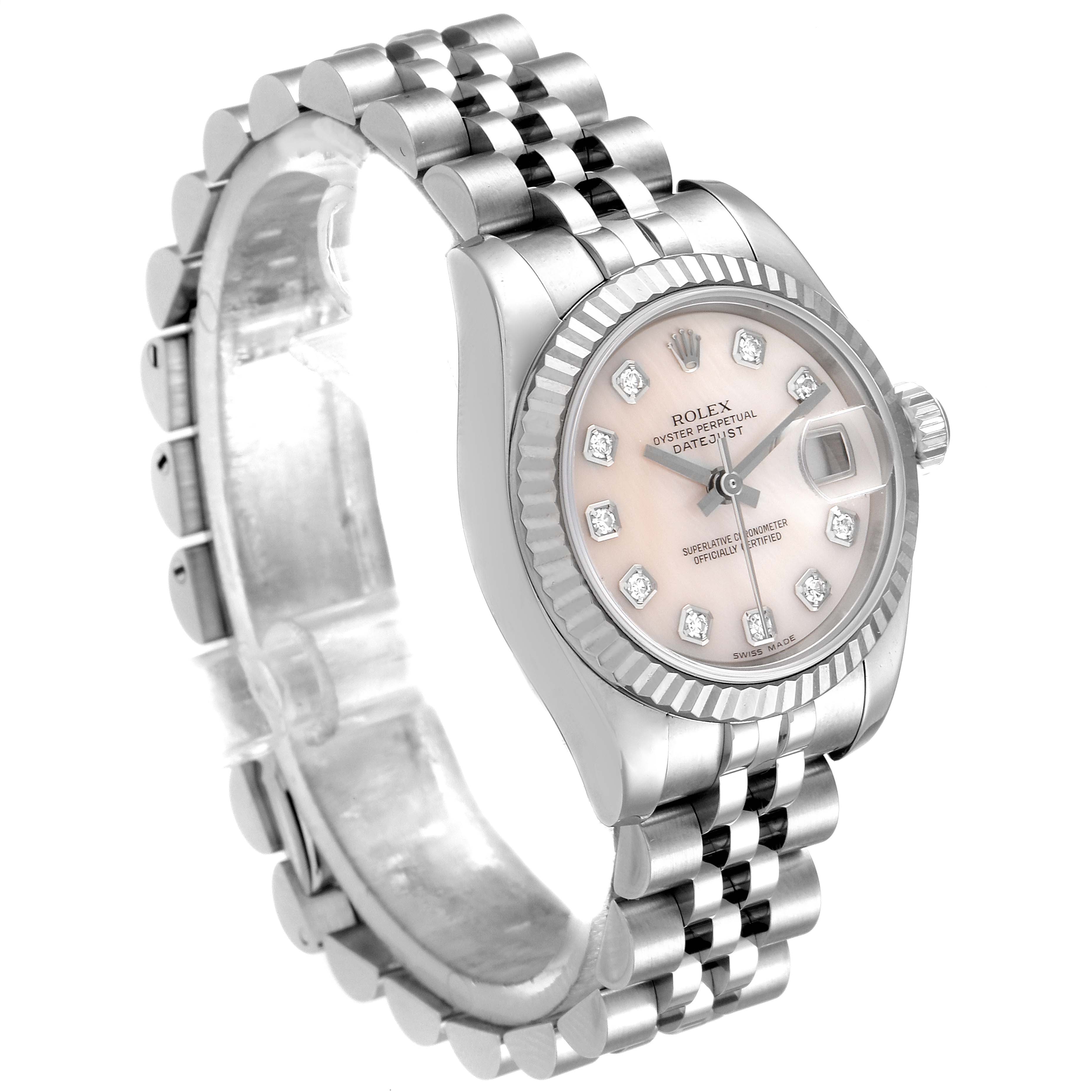 The image shows a side angle view of a Rolex Datejust 179174 Women
s Stainless Steel Mother of Pearl Dial 179174 Women
s Stainless Steel Mother of Pearl Dial, displaying its dial, case, and bracelet.