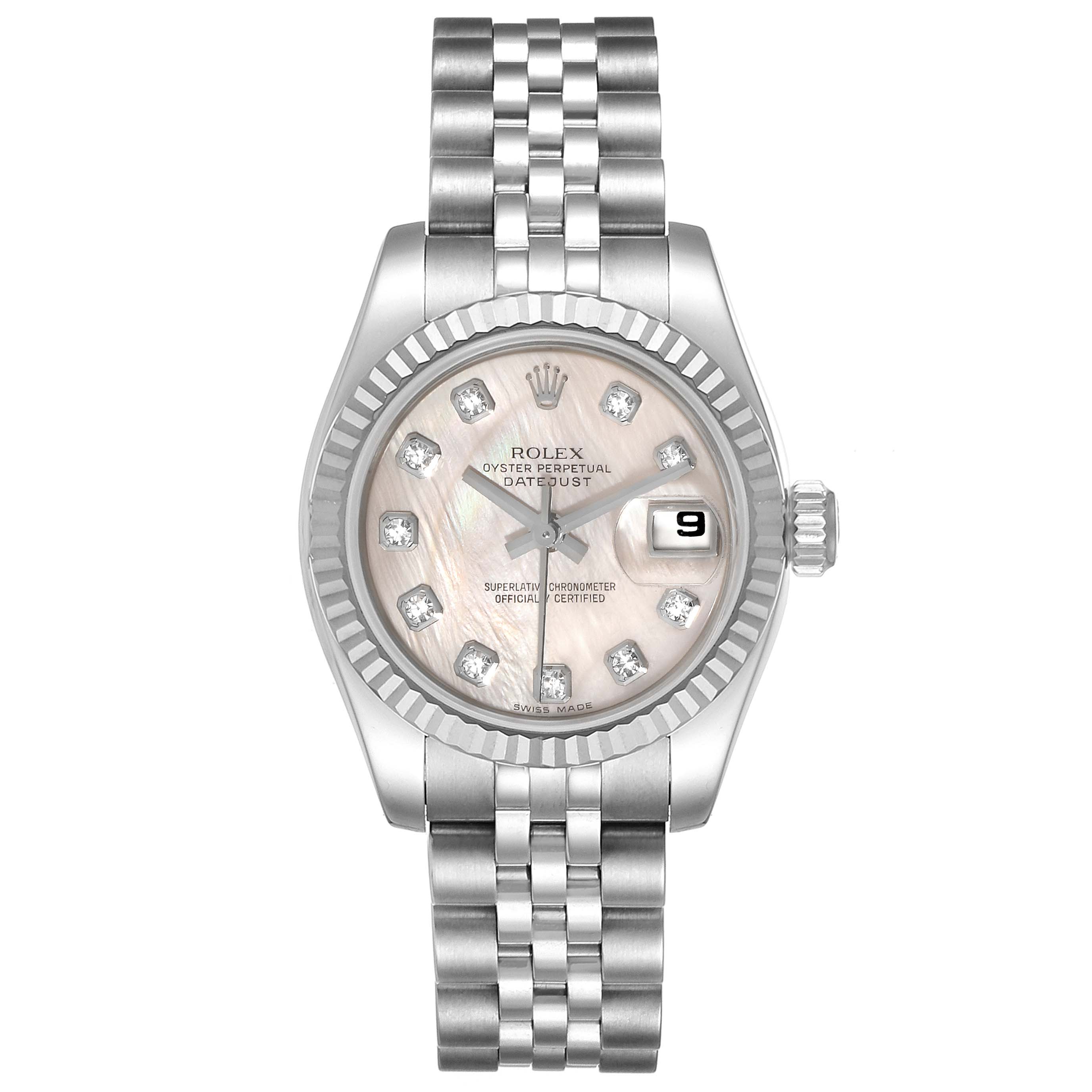 This image shows a front view of a Rolex Datejust 179174 Women
s Stainless Steel Mother of Pearl Dial 179174 Women
s Stainless Steel Mother of Pearl Dial watch, highlighting its bracelet, dial, hands, and date window.