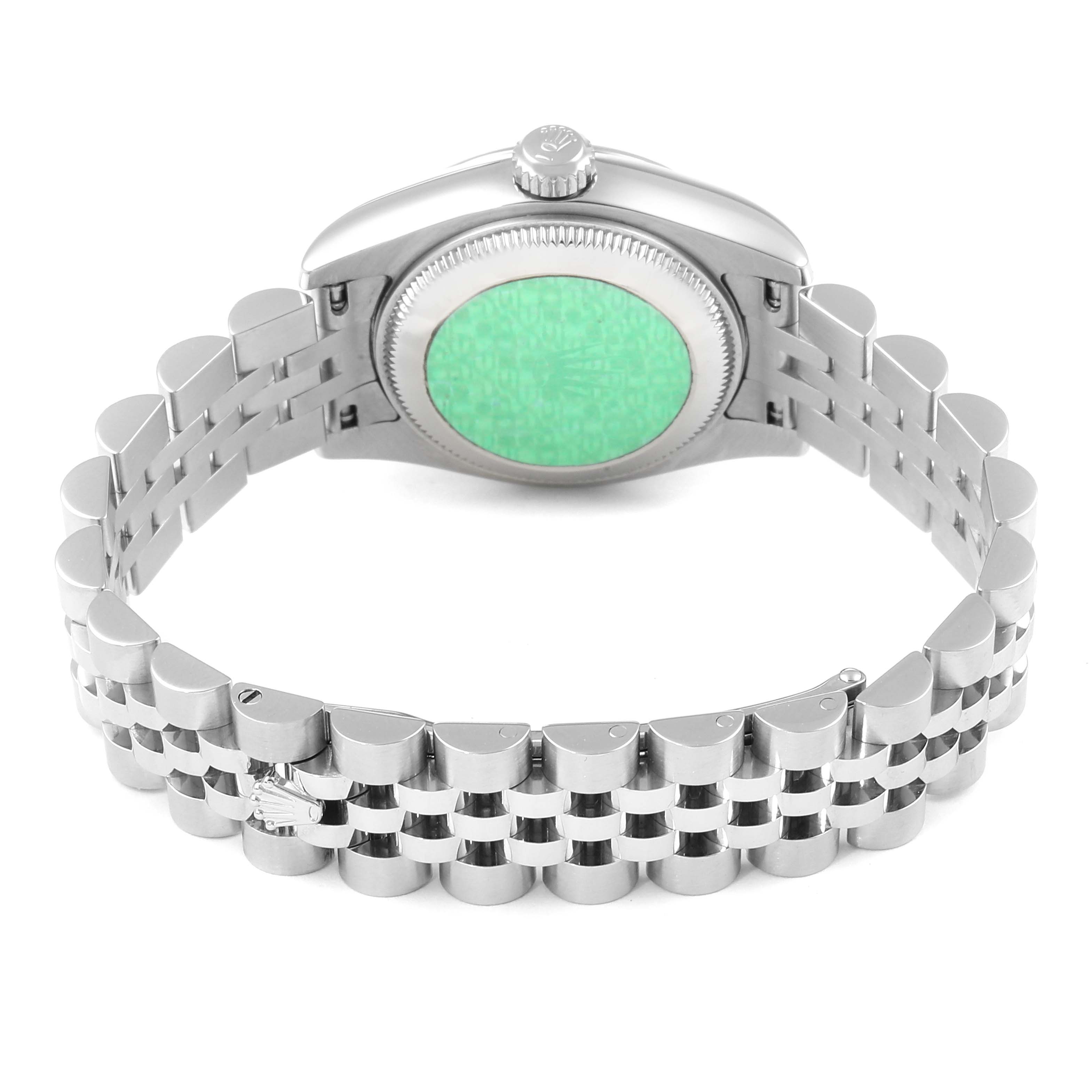 The image shows the back case and Jubilee bracelet of a Rolex Datejust 179174 Women
s Stainless Steel Mother of Pearl Dial 179174 Women
s Stainless Steel Mother of Pearl Dial watch from a rear angle.