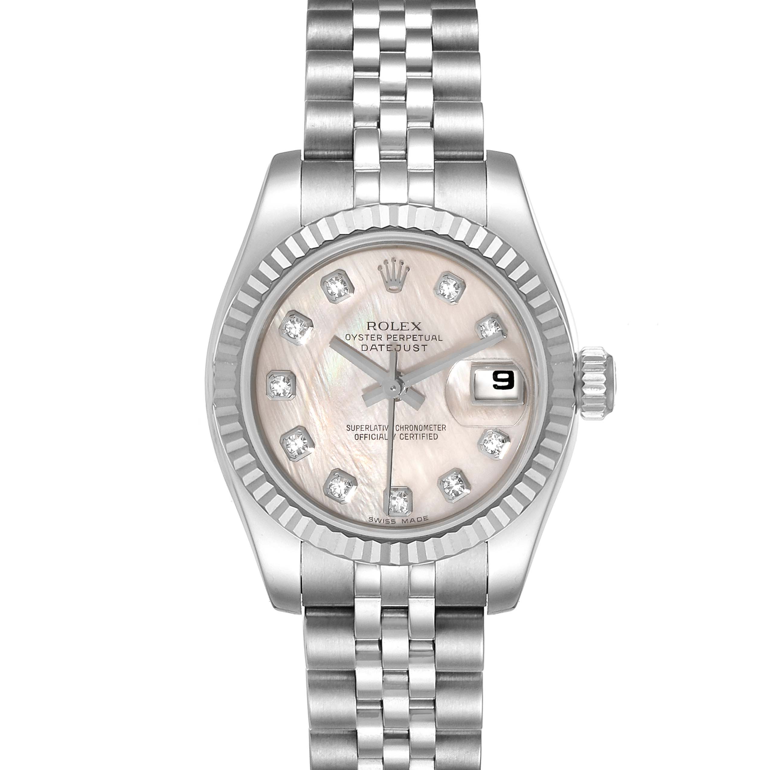 The image shows a front view of a Rolex Datejust 179174 Women
s Stainless Steel Mother of Pearl Dial 179174 Women
s Stainless Steel Mother of Pearl Dial watch, displaying the dial, bezel, crown, and bracelet.