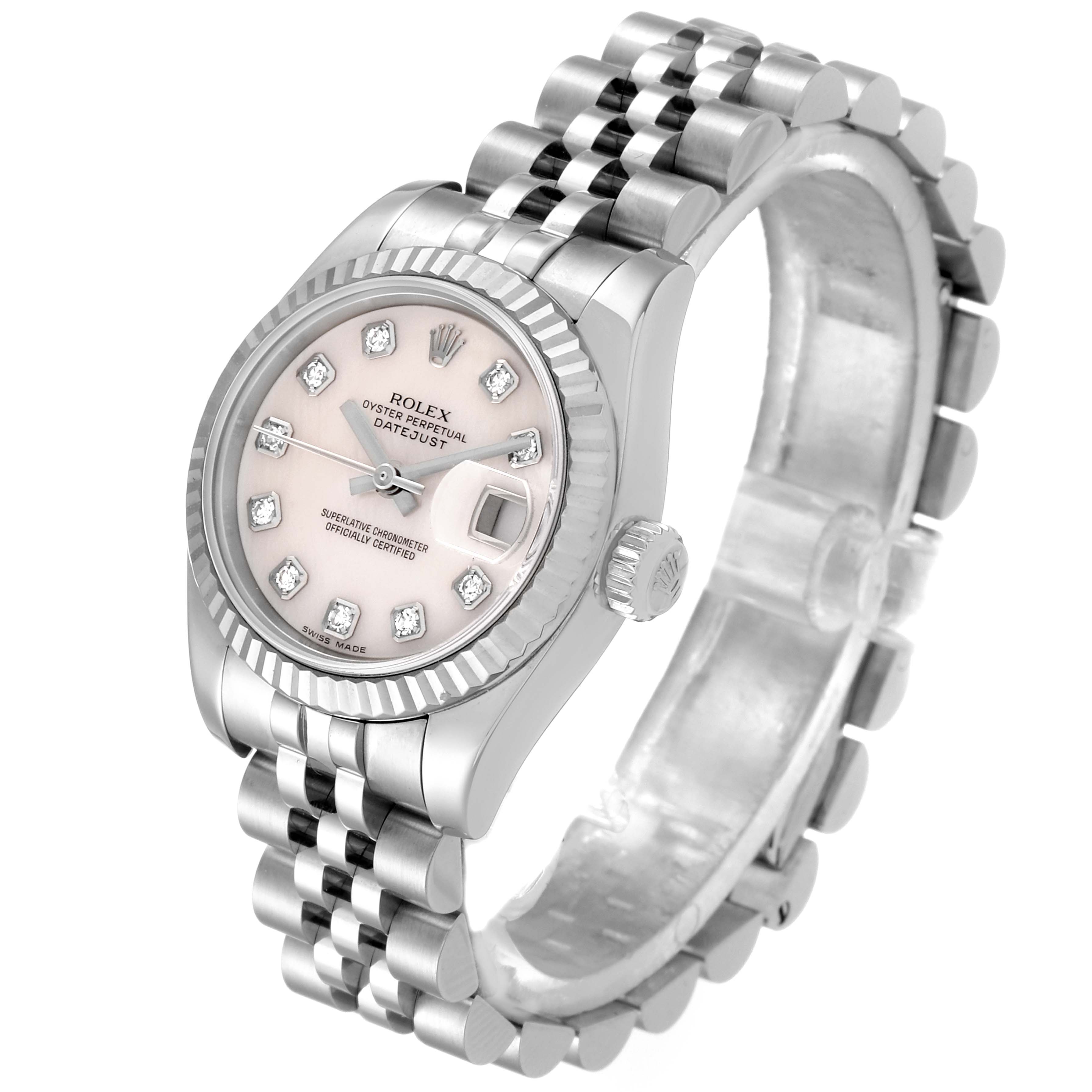 The image shows a Rolex Datejust 179174 Women
s Stainless Steel Mother of Pearl Dial 179174 Women
s Stainless Steel Mother of Pearl Dial watch at a three-quarter angle, displaying the dial, bezel, crown, and Jubilee bracelet.