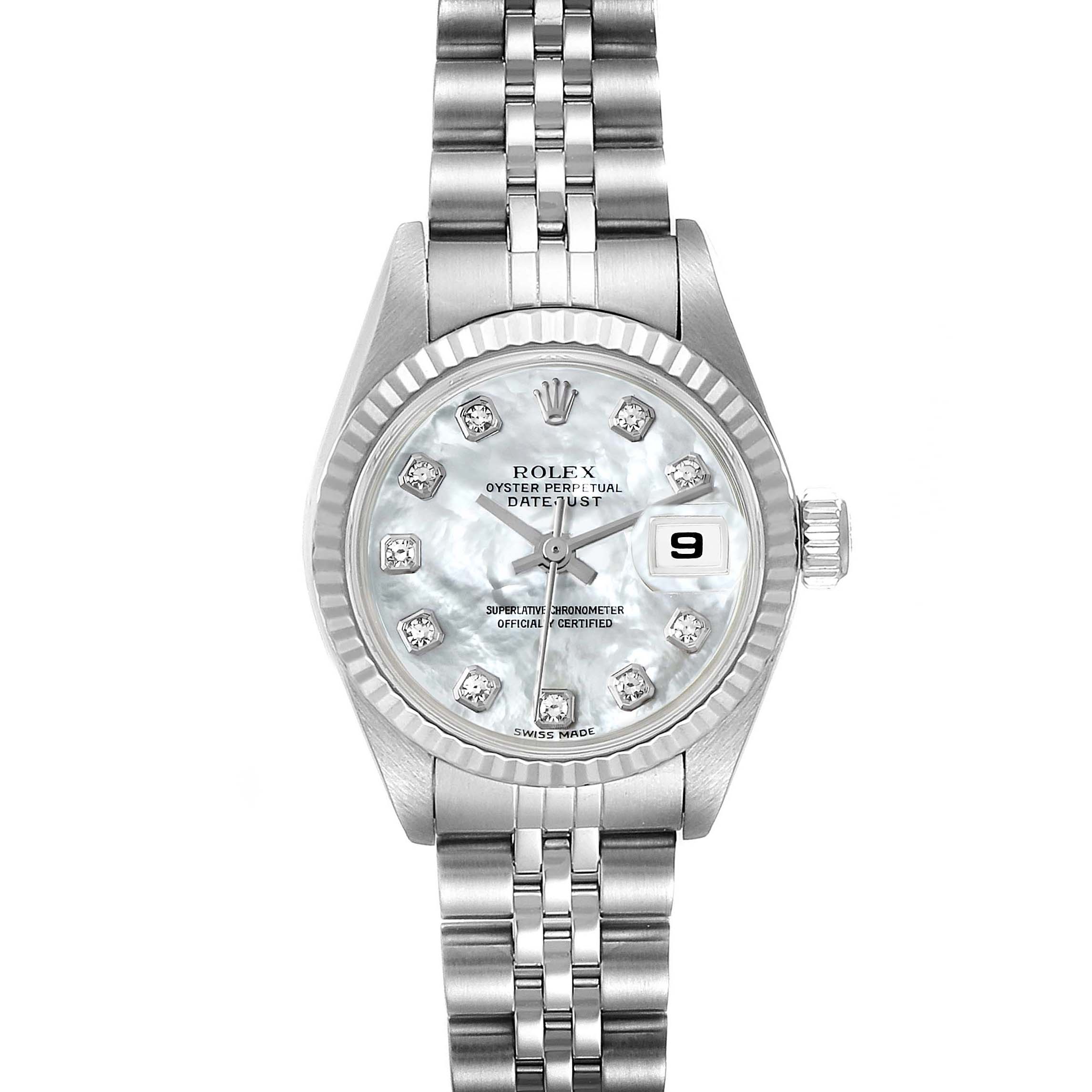 The Rolex Datejust 79174 Women's Stainless Steel Mother of Pearl Dial 79174 Women's Stainless Steel Mother of Pearl Dial watch is shown from the front, displaying the face, bezel, and part of the bracelet.