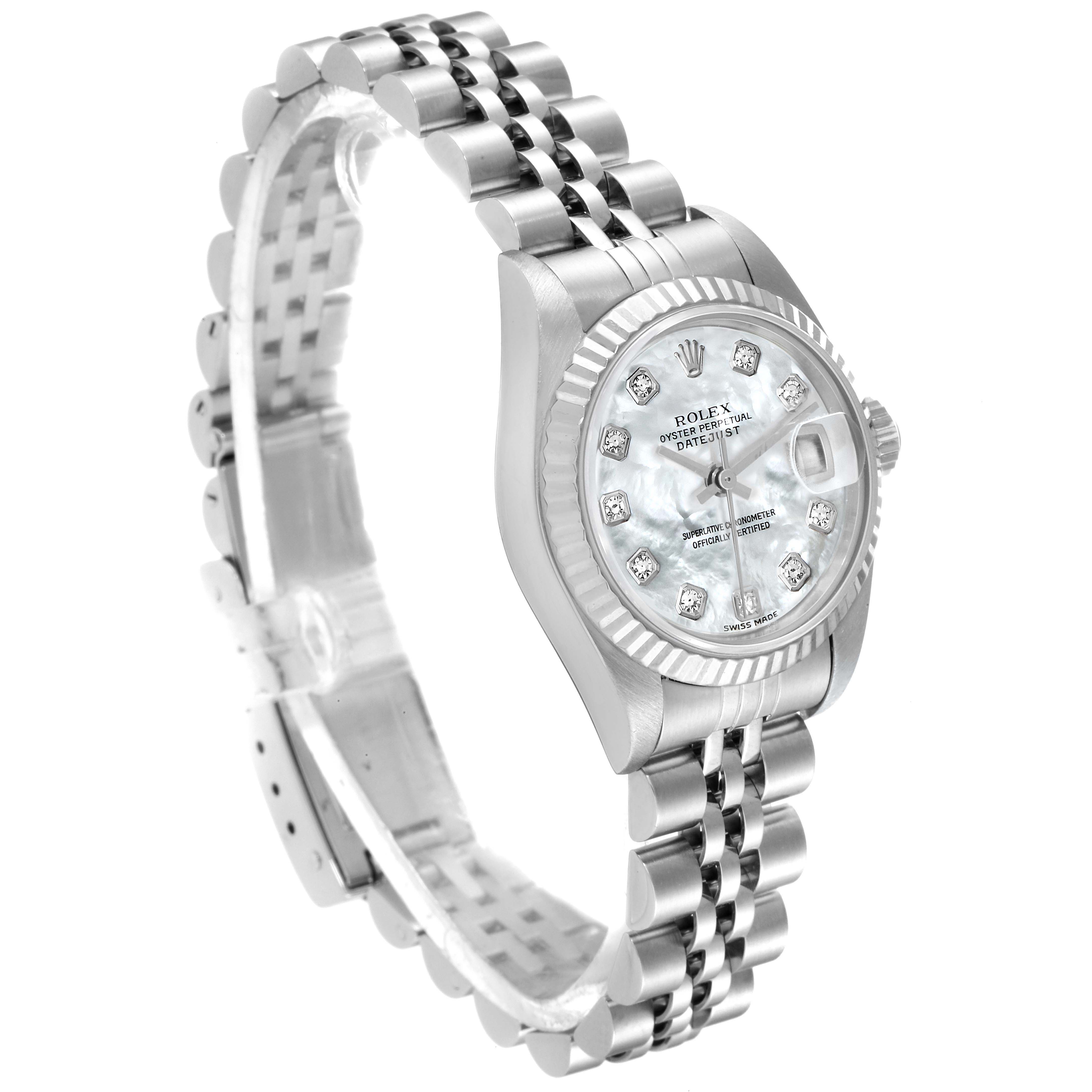 The image shows a side angle view of a Rolex Datejust 79174 Women's Stainless Steel Mother of Pearl Dial 79174 Women's Stainless Steel Mother of Pearl Dial watch, highlighting its dial, bezel, and bracelet.