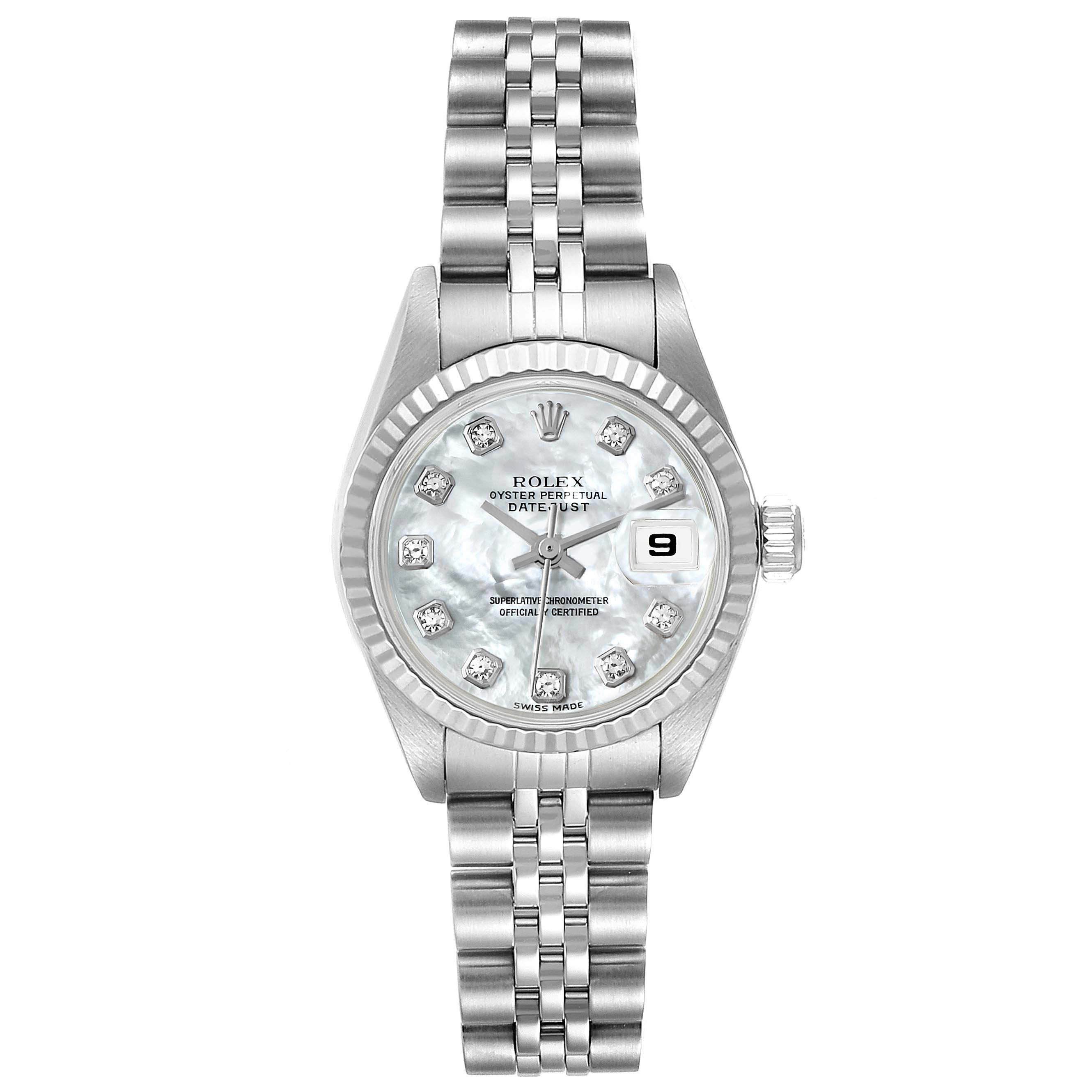 This image shows a Rolex Datejust 79174 Women's Stainless Steel Mother of Pearl Dial 79174 Women's Stainless Steel Mother of Pearl Dial watch from a front angle, displaying the face, bezel, crown, and bracelet.