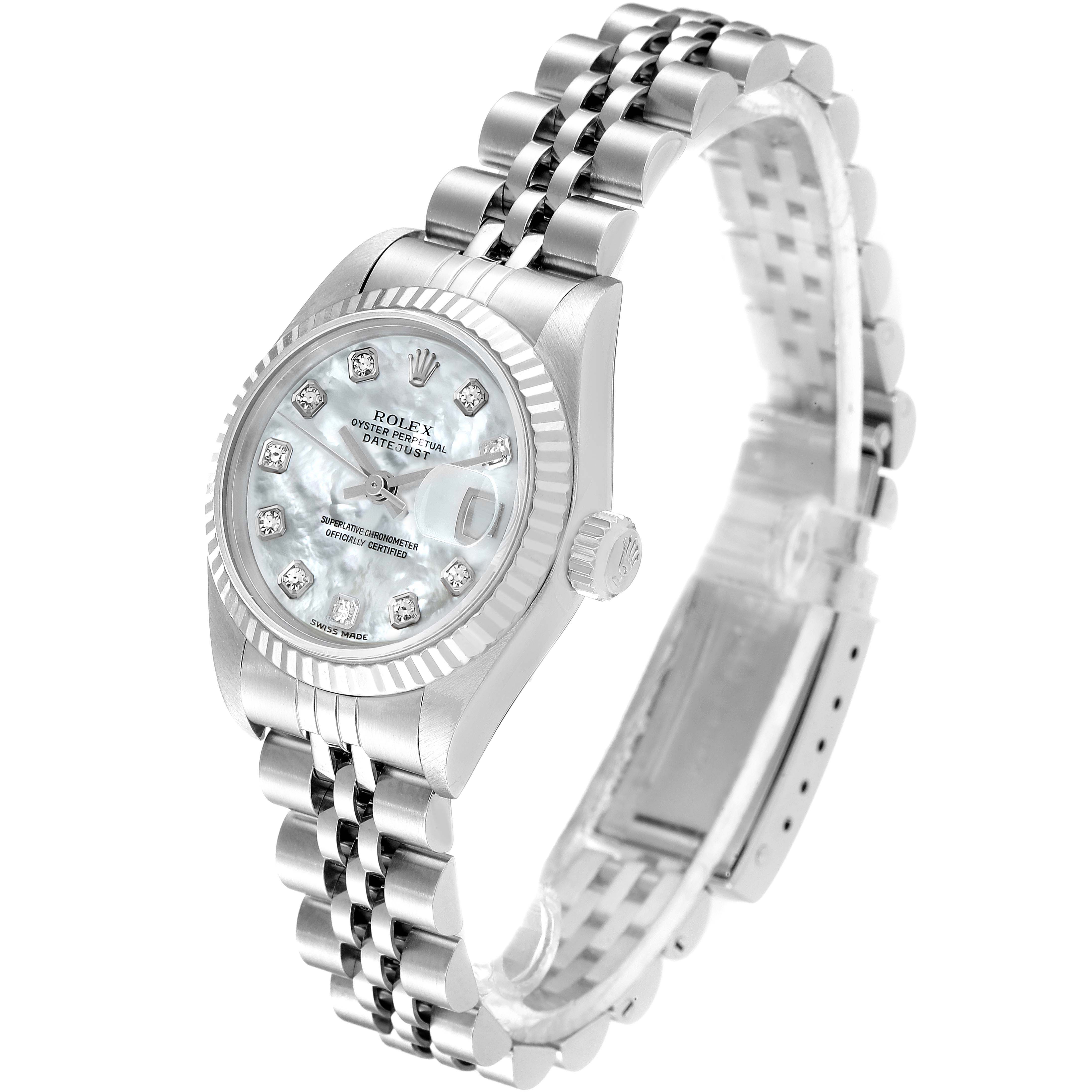 A Rolex Datejust 79174 Women's Stainless Steel Mother of Pearl Dial 79174 Women's Stainless Steel Mother of Pearl Dial watch is shown at an angle displaying the face, crown, and part of the bracelet.