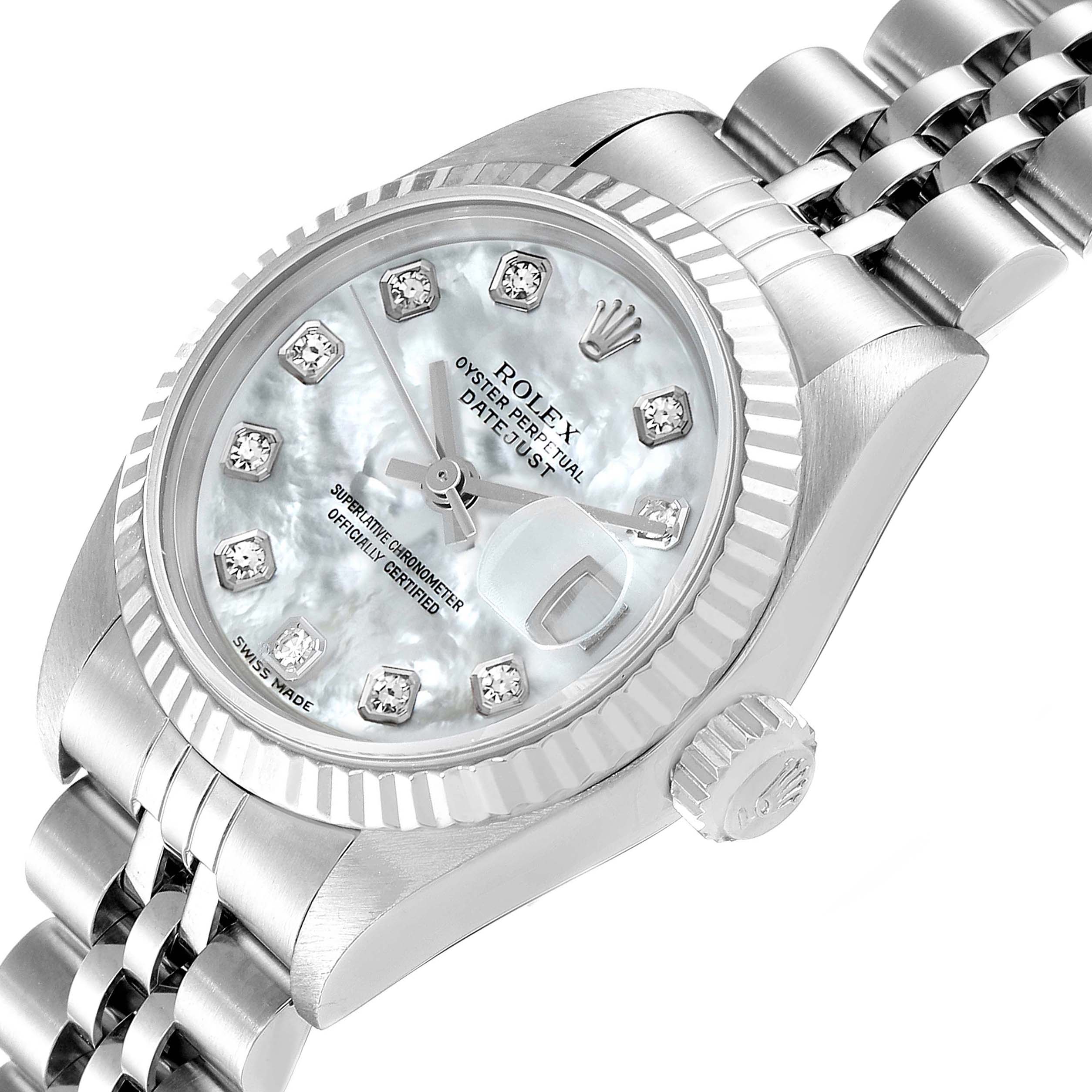 This Rolex Datejust 79174 Women's Stainless Steel Mother of Pearl Dial 79174 Women's Stainless Steel Mother of Pearl Dial watch is shown at an angled close-up, displaying its dial, bezel, crown, and bracelet.