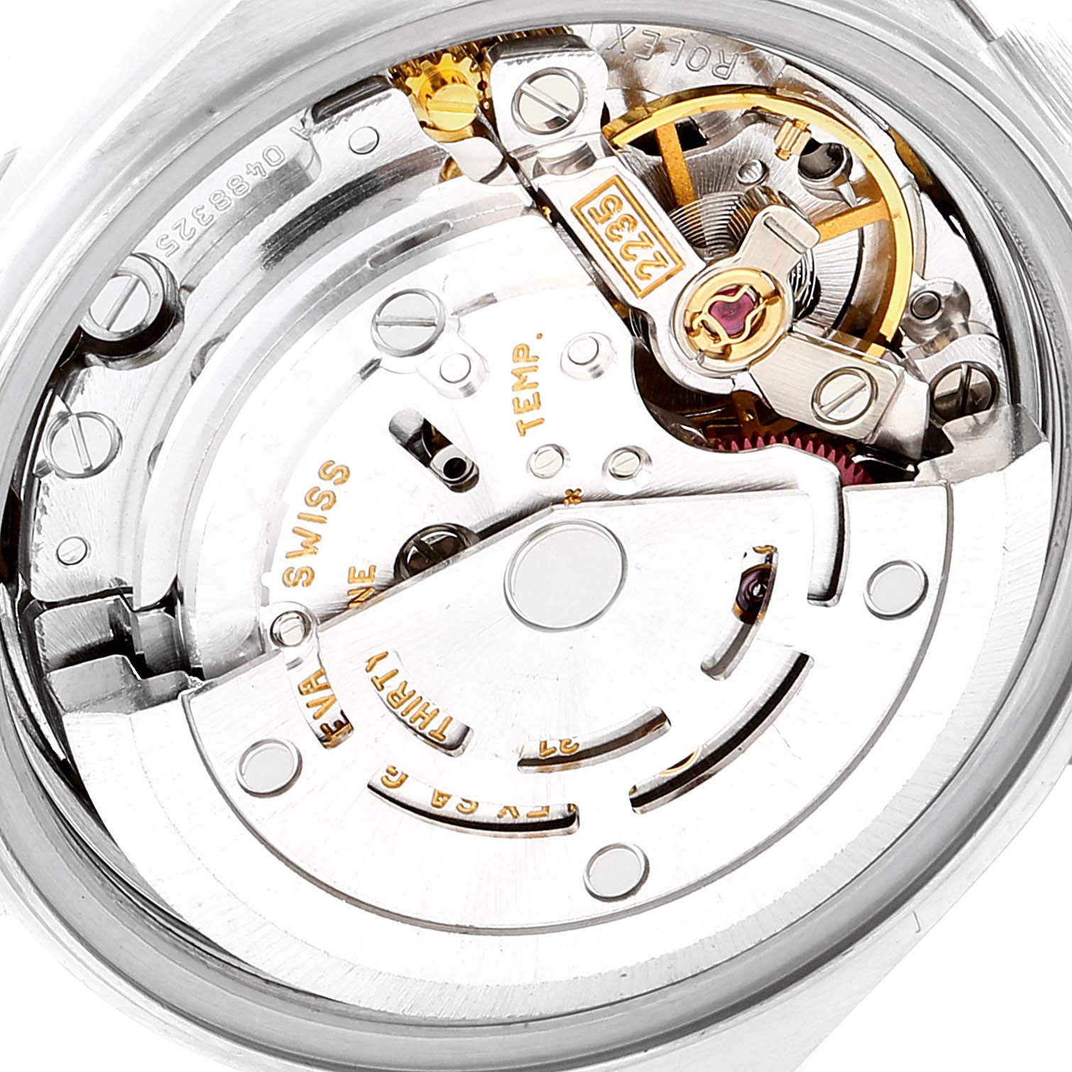 This image shows the internal mechanism of a Rolex Datejust 79174 Women's Stainless Steel Mother of Pearl Dial 79174 Women's Stainless Steel Mother of Pearl Dial watch from a close-up, top-down angle.