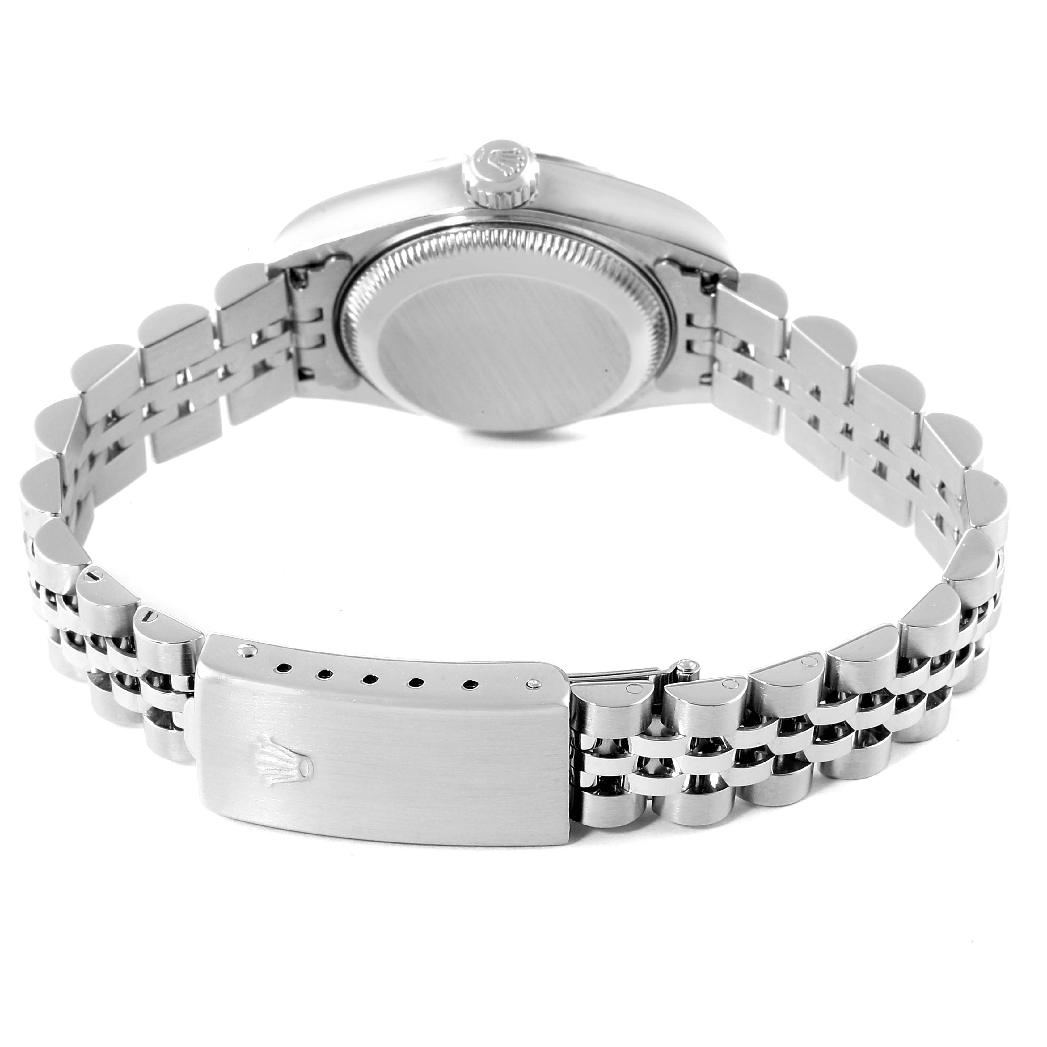 This image shows the back and bracelet of a Rolex Datejust 79174 Women's Stainless Steel Mother of Pearl Dial 79174 Women's Stainless Steel Mother of Pearl Dial watch, focusing on the clasp and case back.