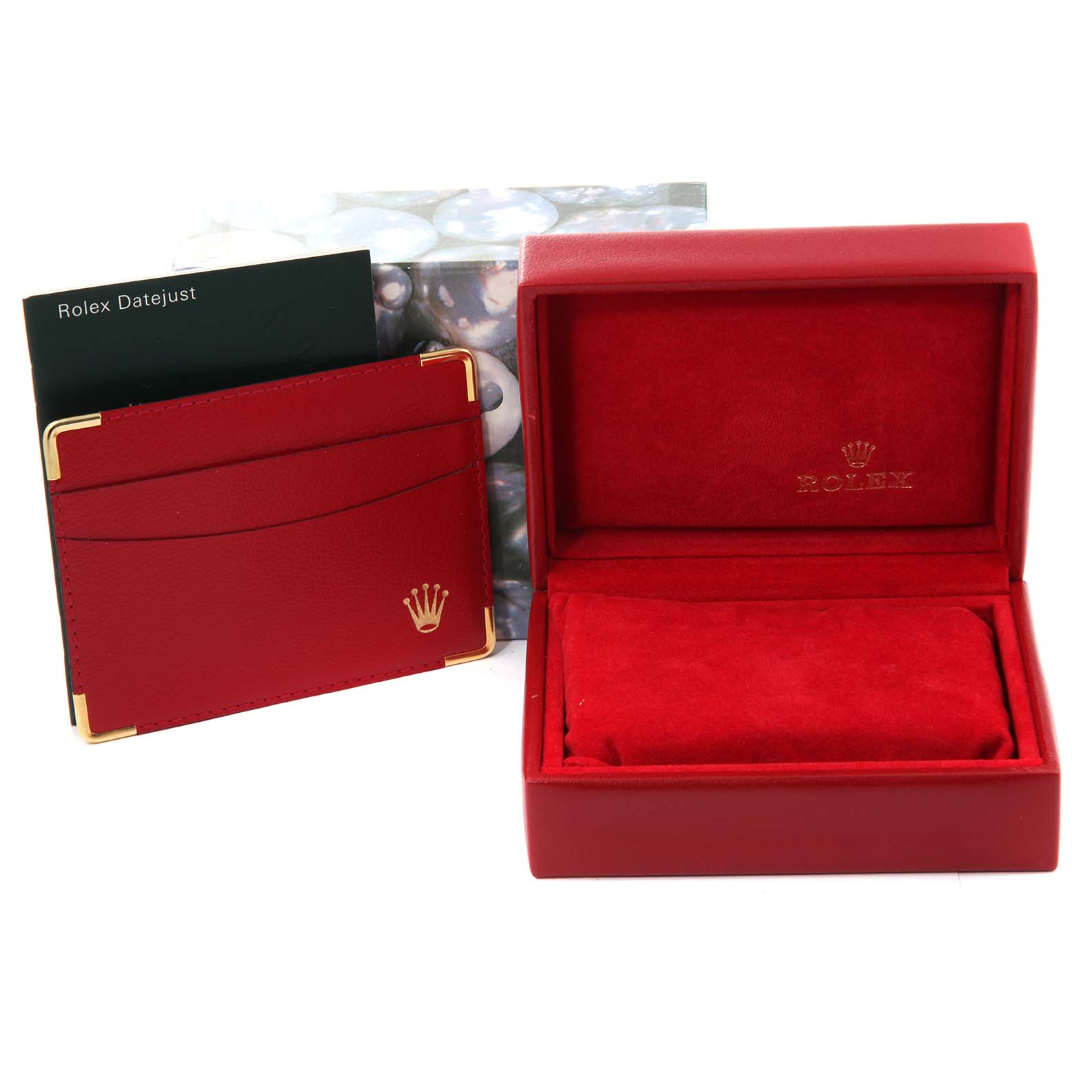 The image shows the accessories of a Rolex Datejust 79174 Women's Stainless Steel Mother of Pearl Dial 79174 Women's Stainless Steel Mother of Pearl Dial watch, including a red watch box and cardholder.