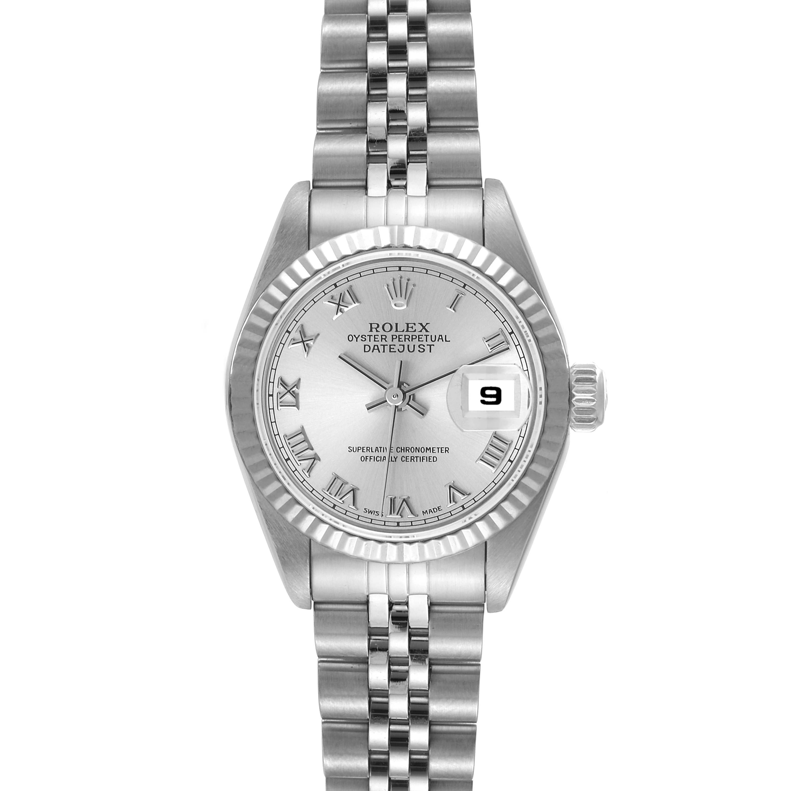 This image shows a frontal view of the Rolex Datejust 69174 Women's Stainless Steel Silver Dial 69174 Women's Stainless Steel Silver Dial watch, highlighting its face, dial, and bracelet.
