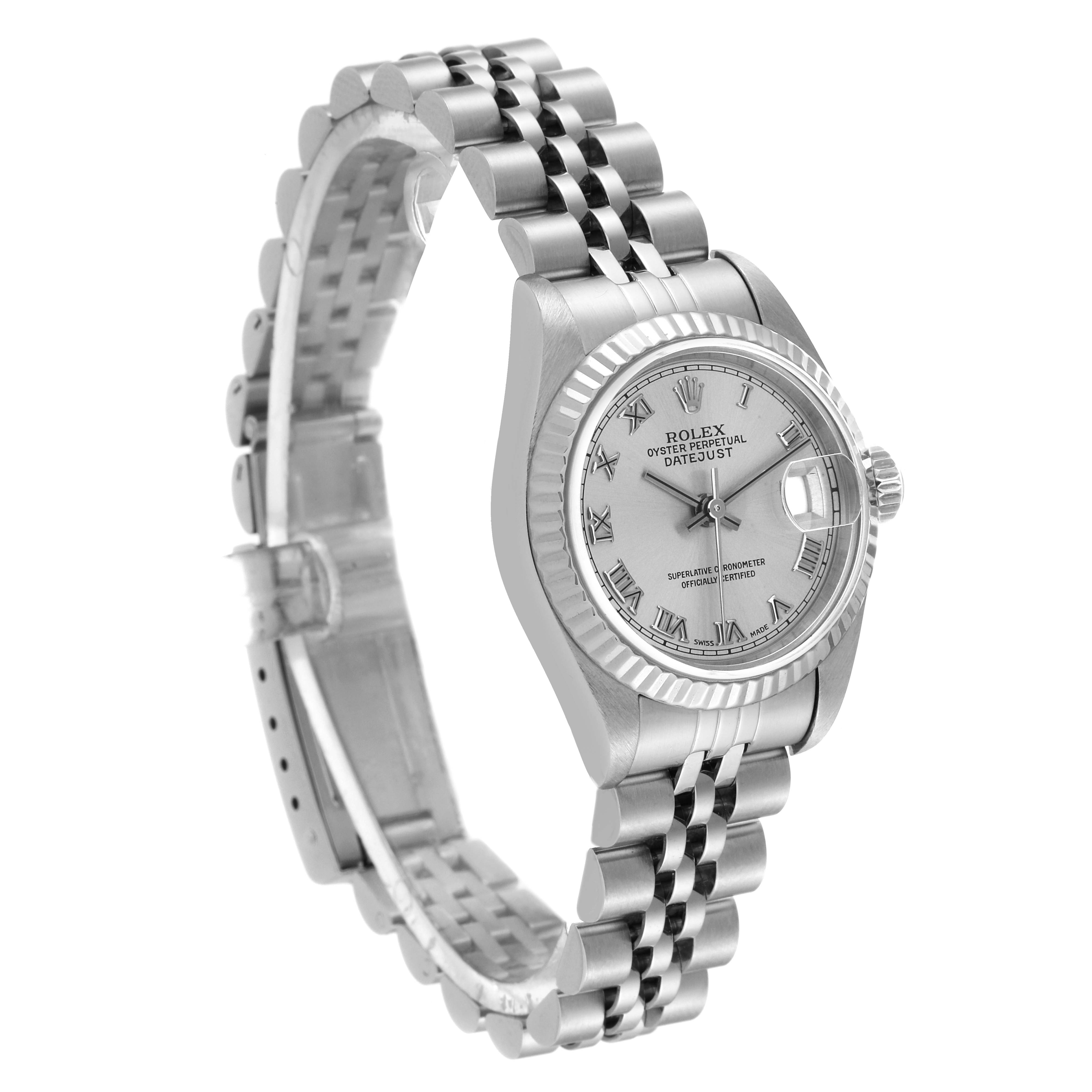 The Rolex Datejust 69174 Women's Stainless Steel Silver Dial 69174 Women's Stainless Steel Silver Dial watch is shown at a three-quarter angle, displaying the face, bezel, and stainless steel bracelet.