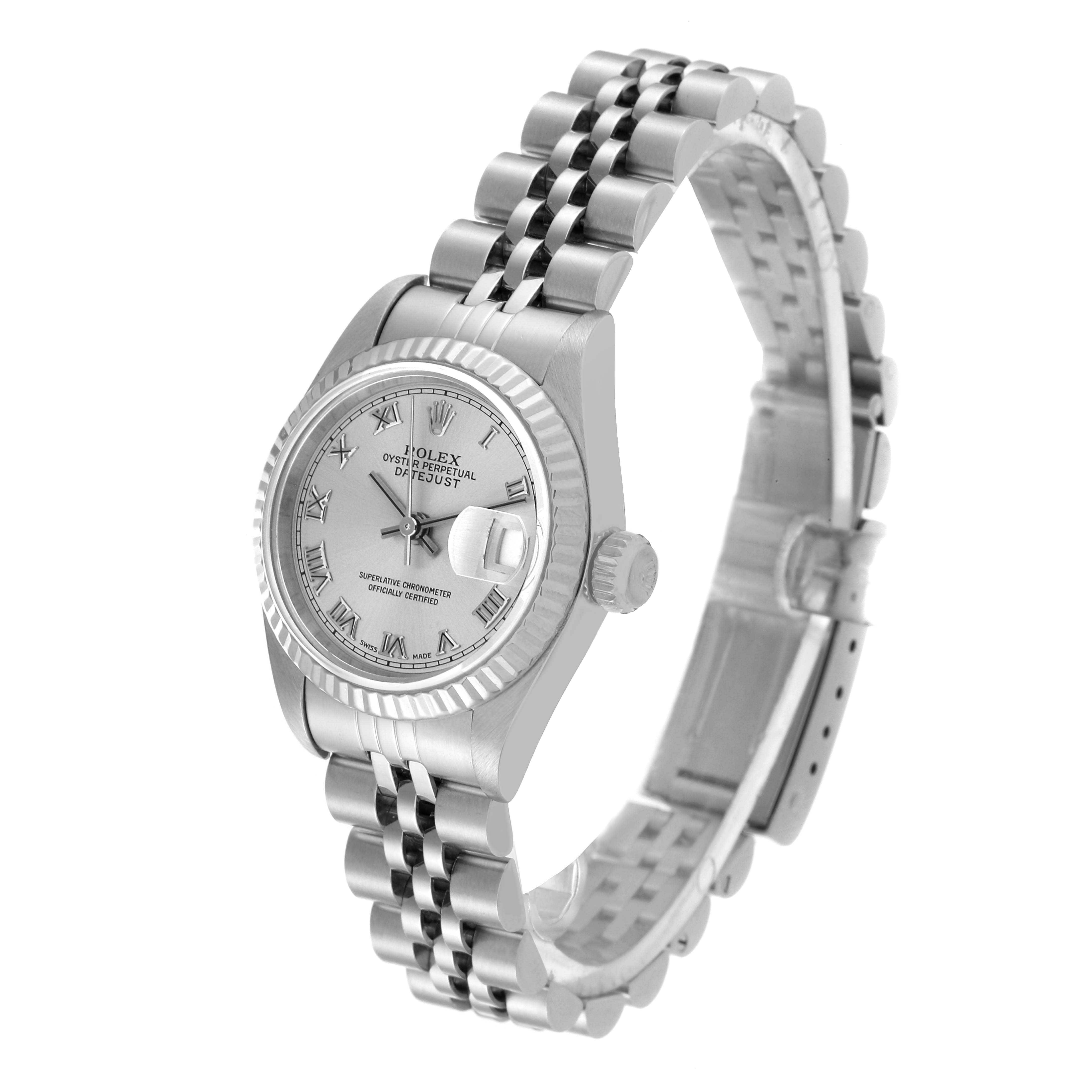 The Rolex Datejust 69174 Women's Stainless Steel Silver Dial 69174 Women's Stainless Steel Silver Dial watch is displayed at a front-left angle, showing the dial, bezel, crown, and metal bracelet.