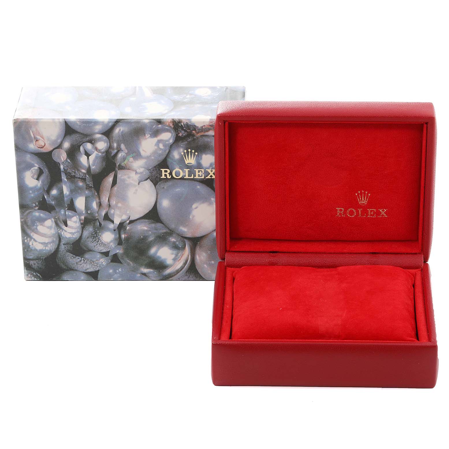 This image shows the box and case for a Rolex Datejust 69174 Women's Stainless Steel Silver Dial 69174 Women's Stainless Steel Silver Dial watch, with the box open to reveal the red interior.