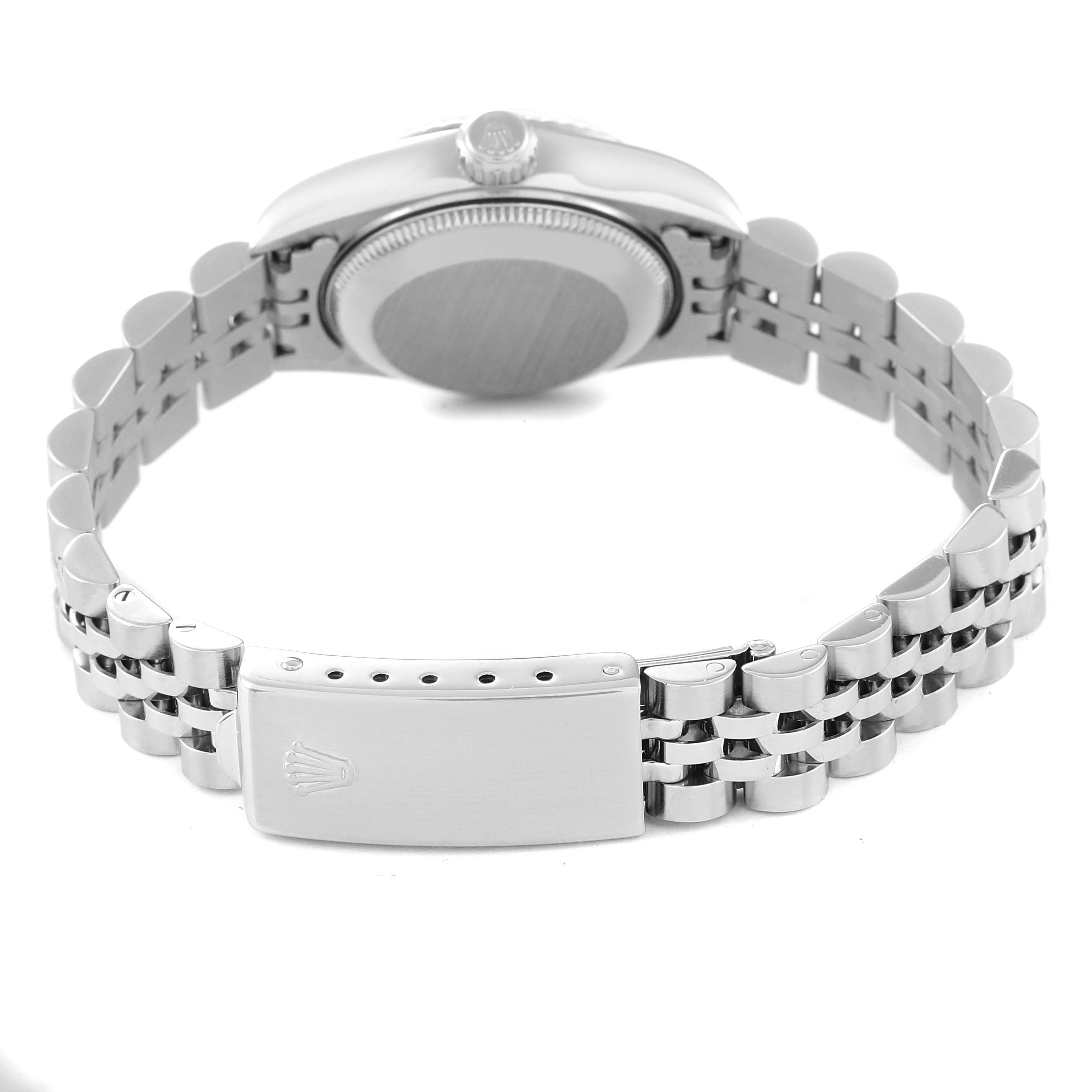 This image shows the back view of the Rolex Datejust 69174 Women's Stainless Steel Silver Dial 69174 Women's Stainless Steel Silver Dial watch, highlighting the bracelet and clasp.