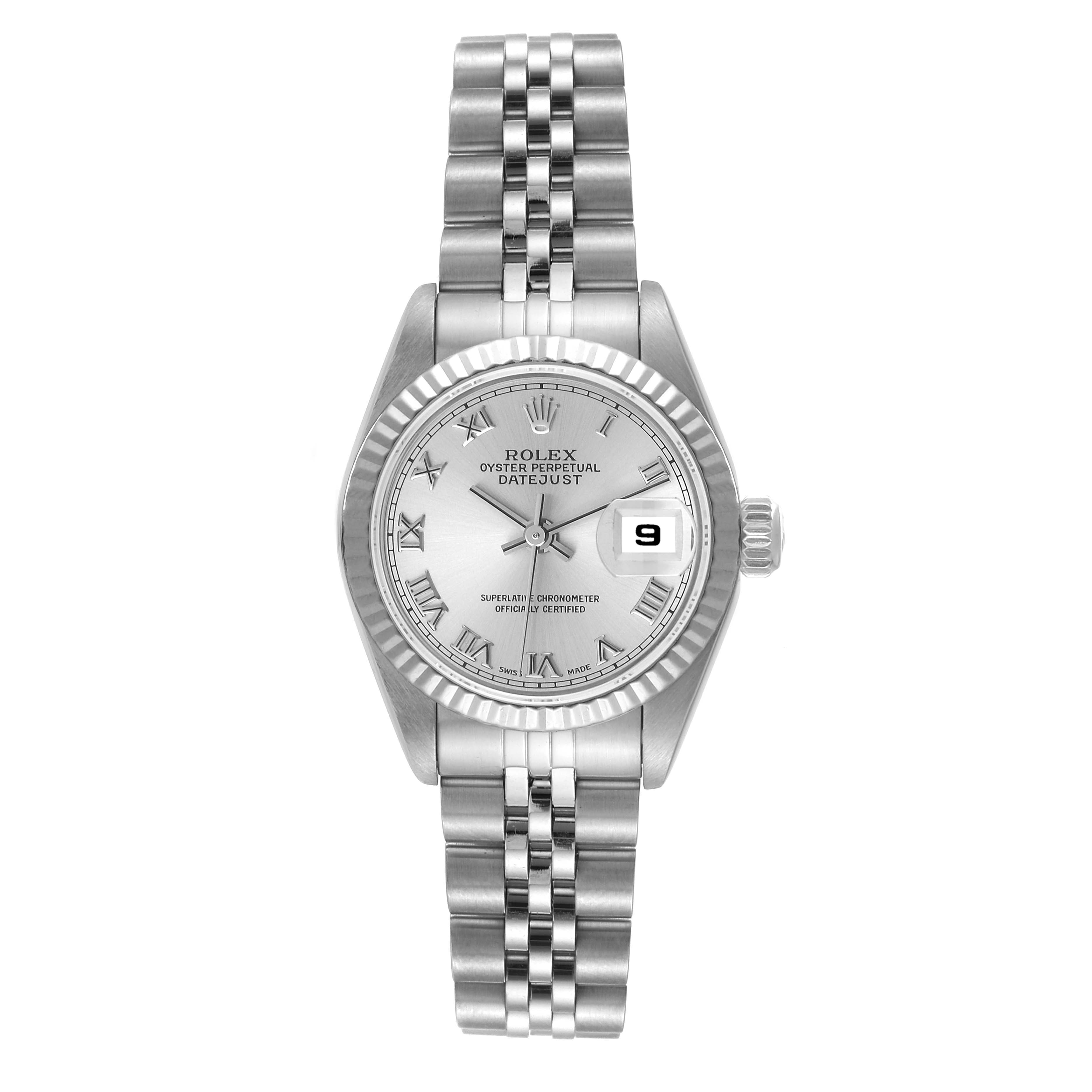 This image shows a front view of a Rolex Datejust 69174 Women's Stainless Steel Silver Dial 69174 Women's Stainless Steel Silver Dial watch, highlighting the dial, bezel, and bracelet.