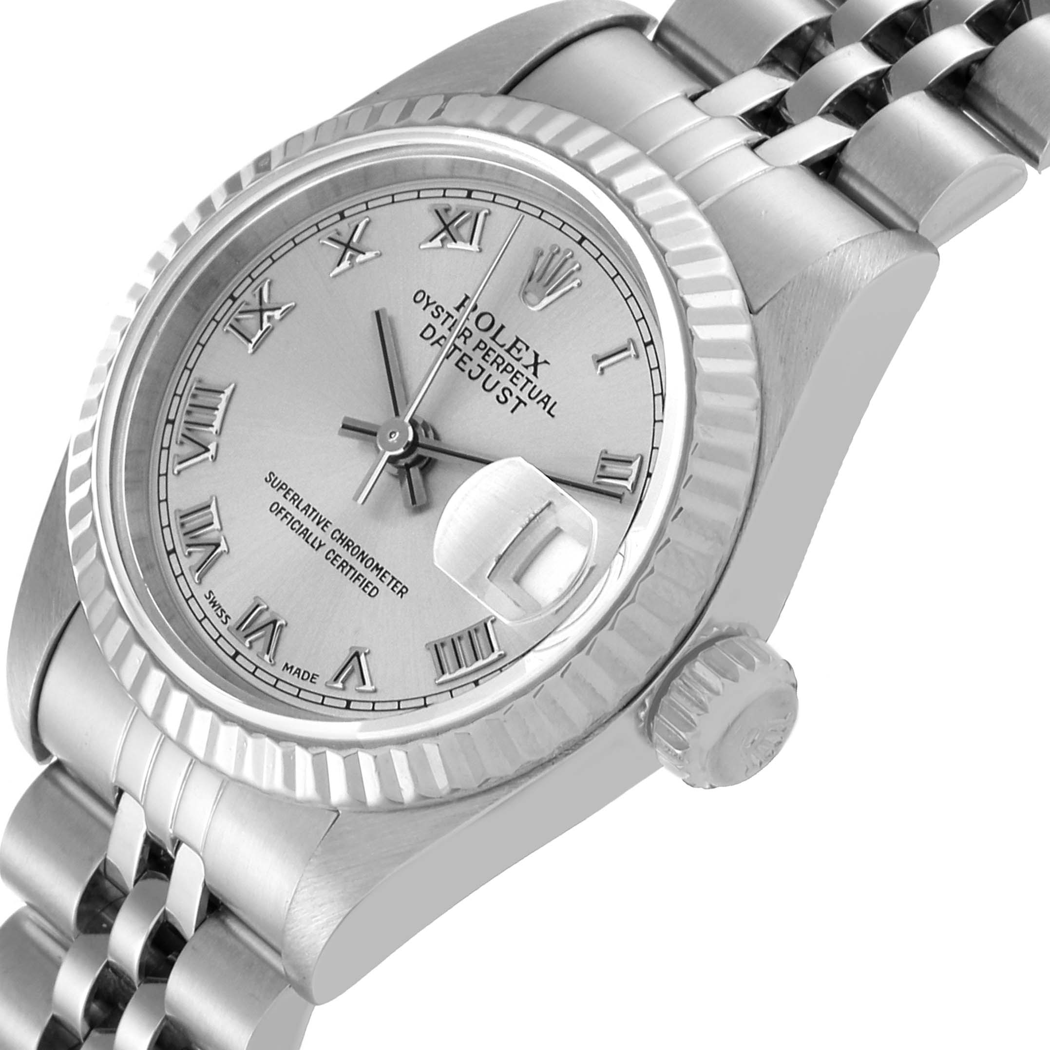 The image shows a close-up, angled view of a Rolex Datejust 69174 Women's Stainless Steel Silver Dial 69174 Women's Stainless Steel Silver Dial watch, highlighting the dial, case, crown, and part of the bracelet.