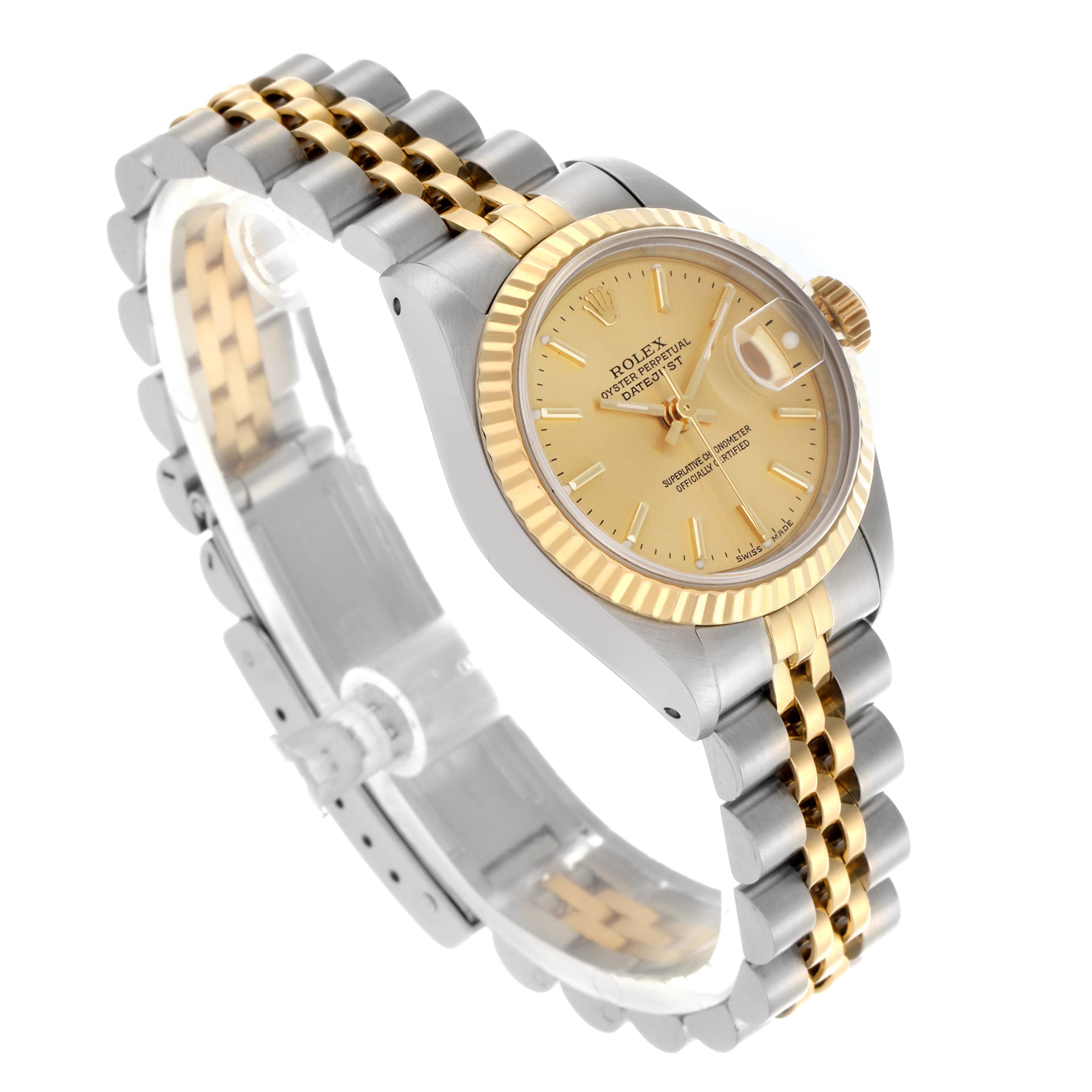 The Rolex Datejust 69173 Women's Steel and Gold (two tone) Champagne Dial 69173 Women's Steel and Gold (two tone) Champagne Dial watch is shown at a three-quarter angle, displaying the dial, bezel, case, and bracelet.