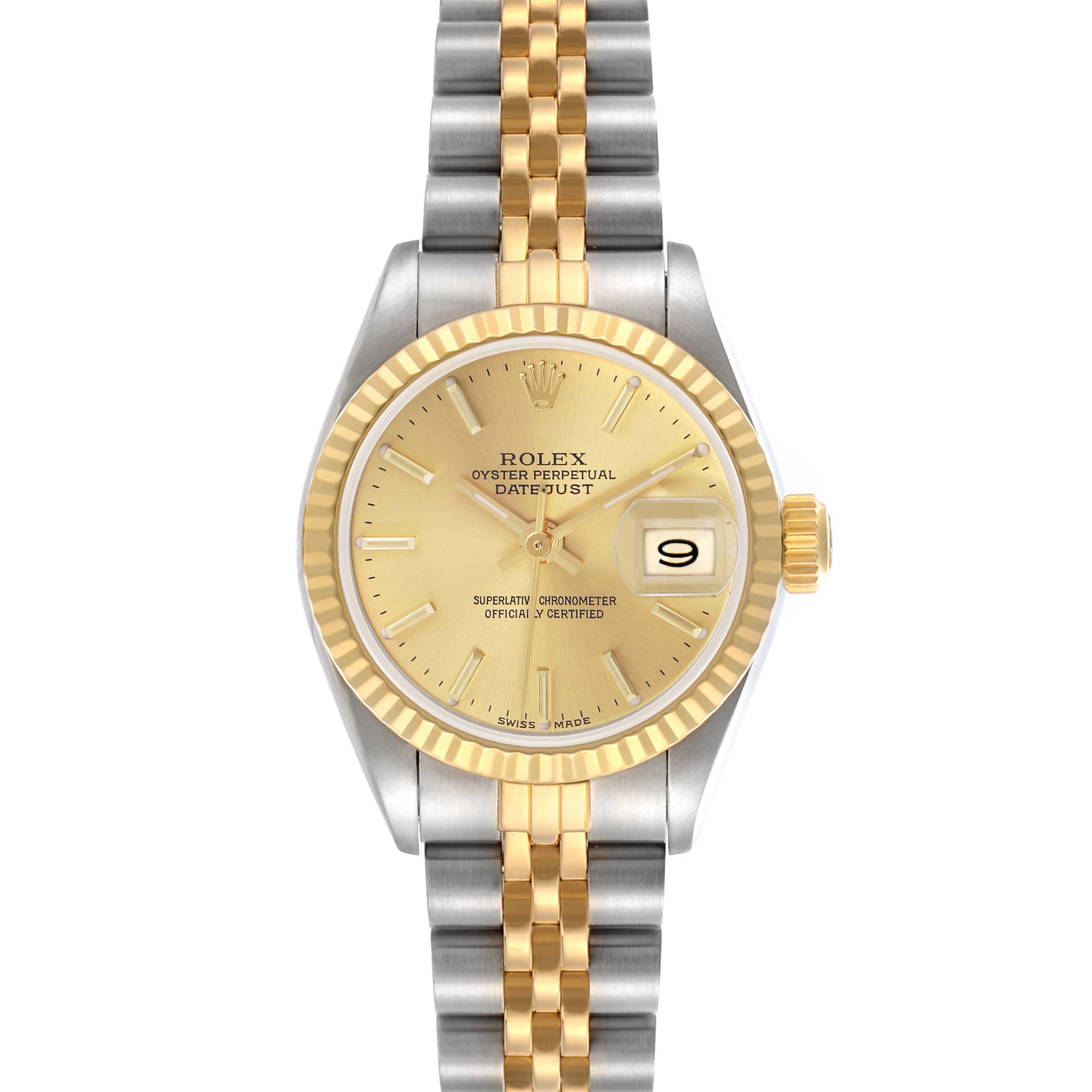 The Rolex Datejust 69173 Women's Steel and Gold (two tone) Champagne Dial 69173 Women's Steel and Gold (two tone) Champagne Dial is shown front-facing, displaying its dial, bezel, and two-tone bracelet.