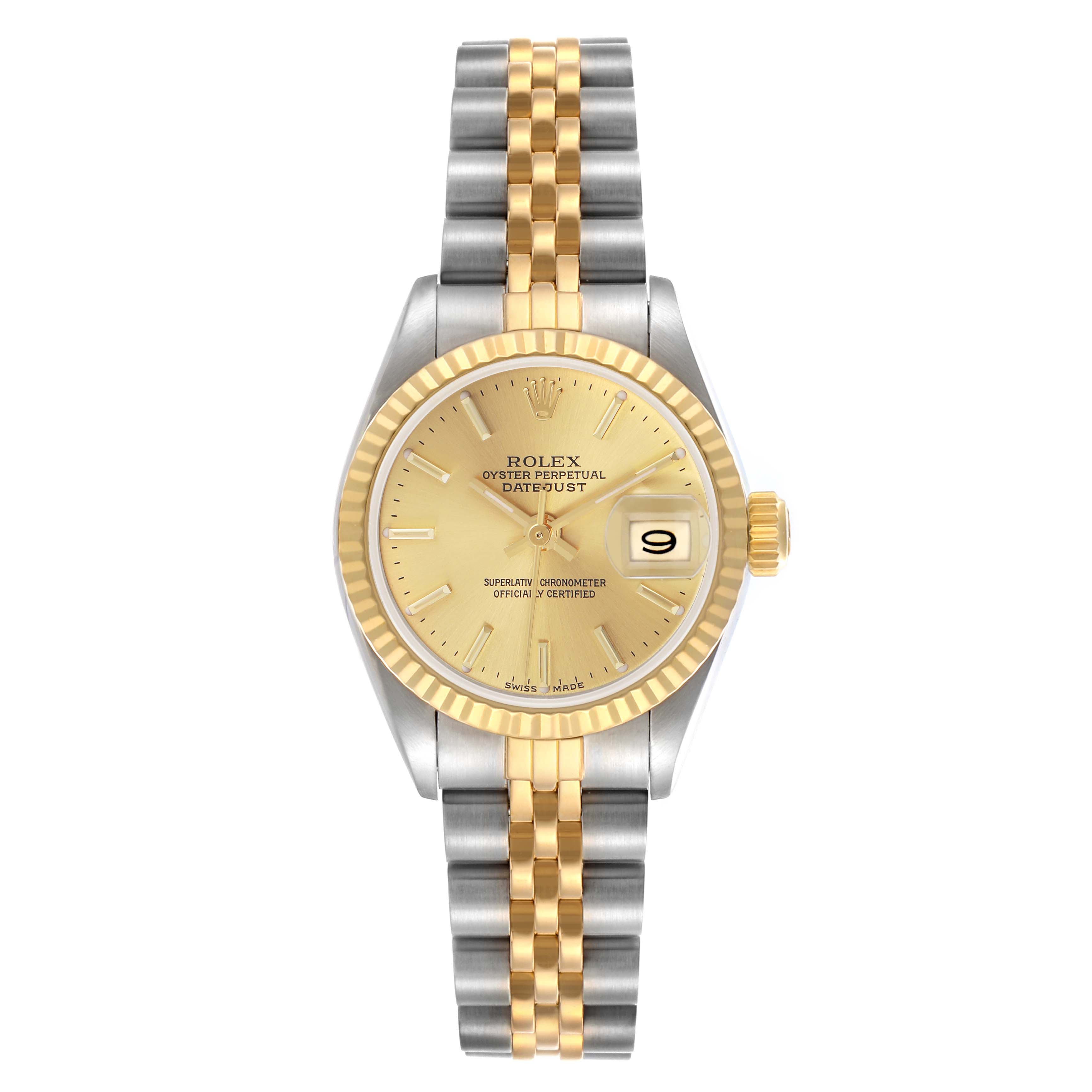 The Rolex Datejust 69173 Women's Steel and Gold (two tone) Champagne Dial 69173 Women's Steel and Gold (two tone) Champagne Dial watch is shown from the front, featuring the dial, bezel, bracelet, and crown.