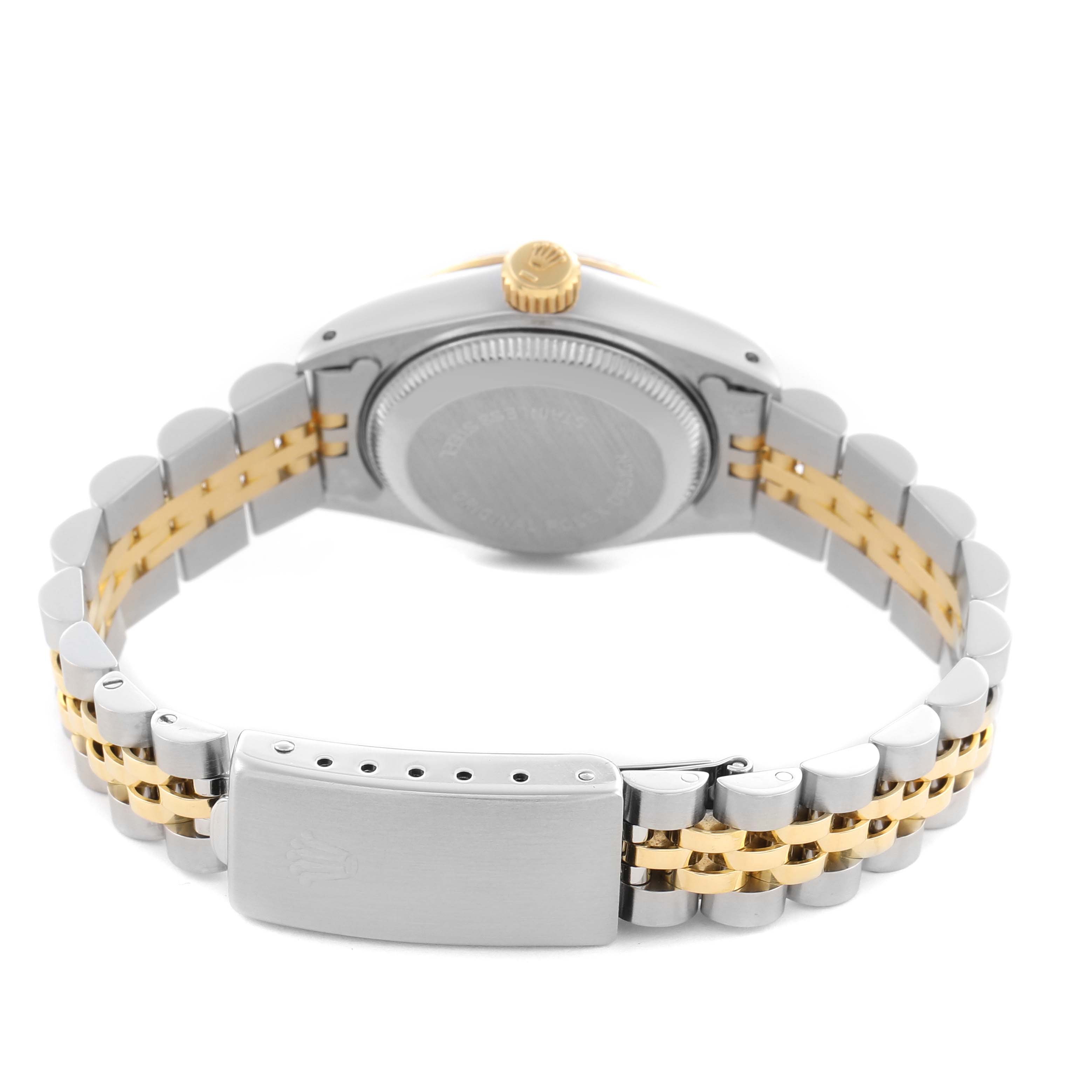 The image shows the back and bracelet of a Rolex Datejust 69173 Women's Steel and Gold (two tone) Champagne Dial 69173 Women's Steel and Gold (two tone) Champagne Dial watch, highlighting the clasp and the two-tone metal links.
