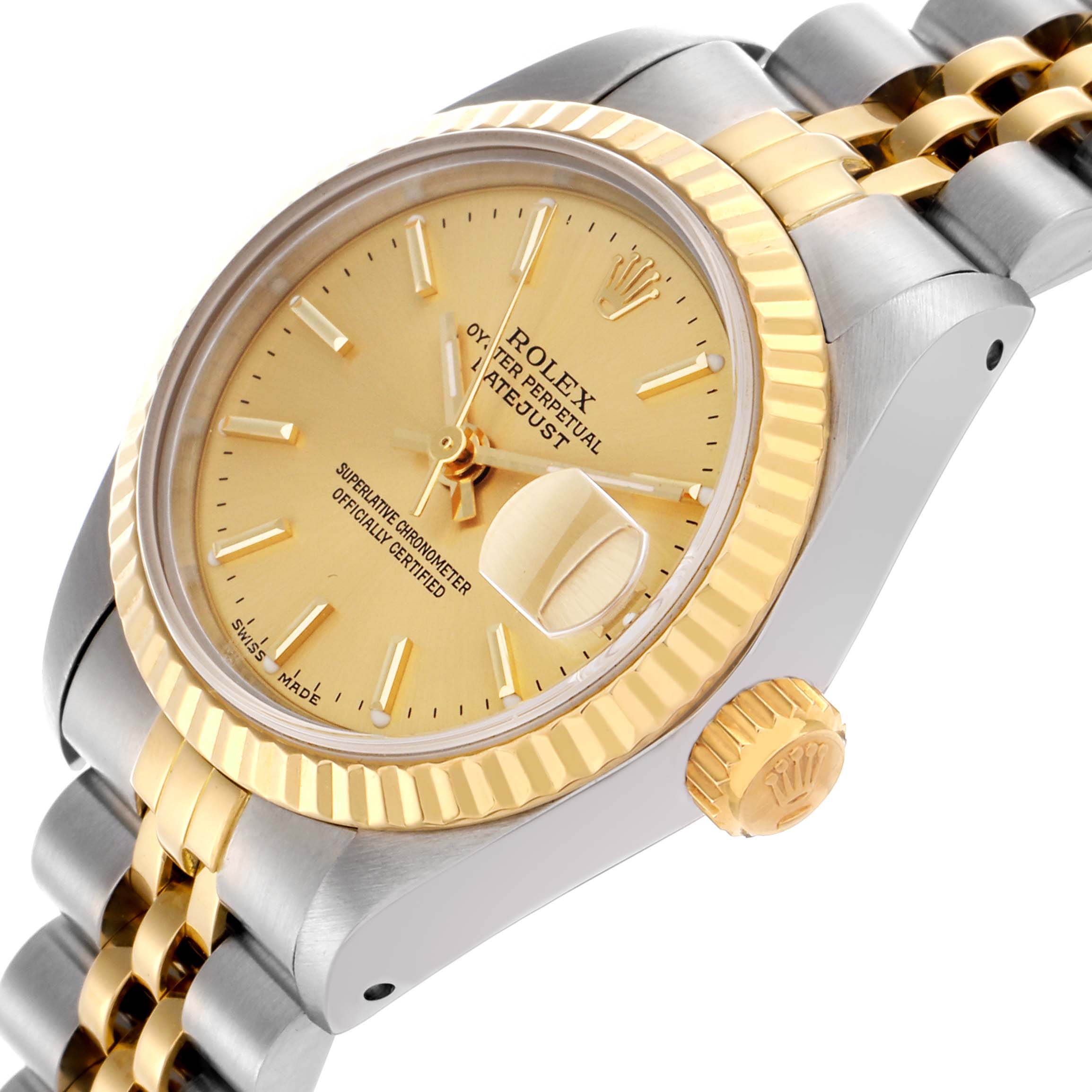 The Rolex Datejust 69173 Women's Steel and Gold (two tone) Champagne Dial 69173 Women's Steel and Gold (two tone) Champagne Dial watch is shown from a side angle, highlighting the bezel, crown, and part of the bracelet.