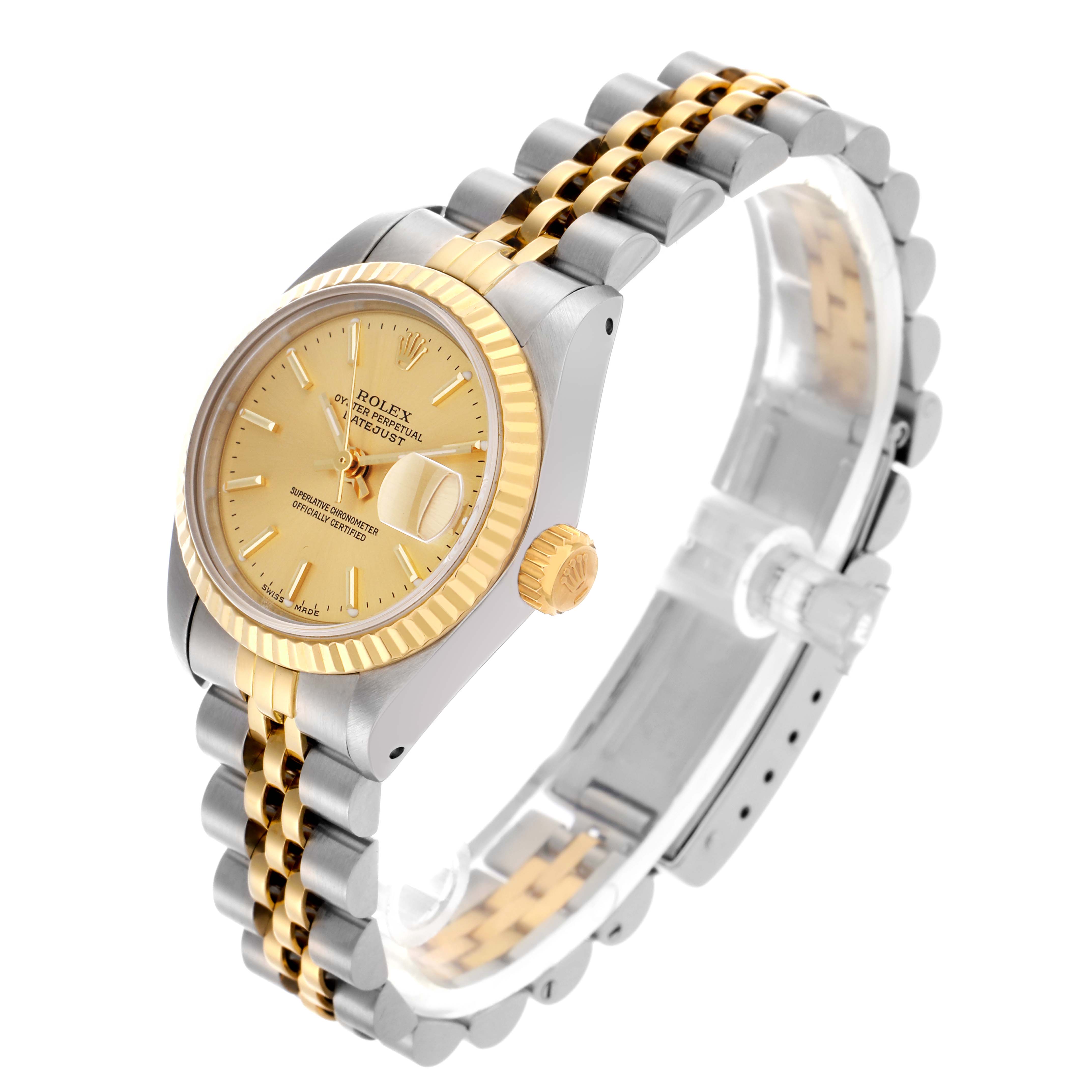 The Rolex Datejust 69173 Women's Steel and Gold (two tone) Champagne Dial 69173 Women's Steel and Gold (two tone) Champagne Dial watch is shown at a three-quarter angle, highlighting the gold bezel, crown, dial, and two-tone bracelet.