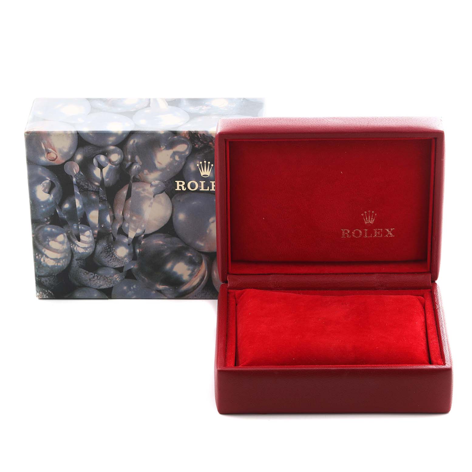 The image shows a Rolex Datejust 69173 Women's Steel and Gold (two tone) Champagne Dial 69173 Women's Steel and Gold (two tone) Champagne Dial watch box, open with red interior and closed box beside it, displaying branding.