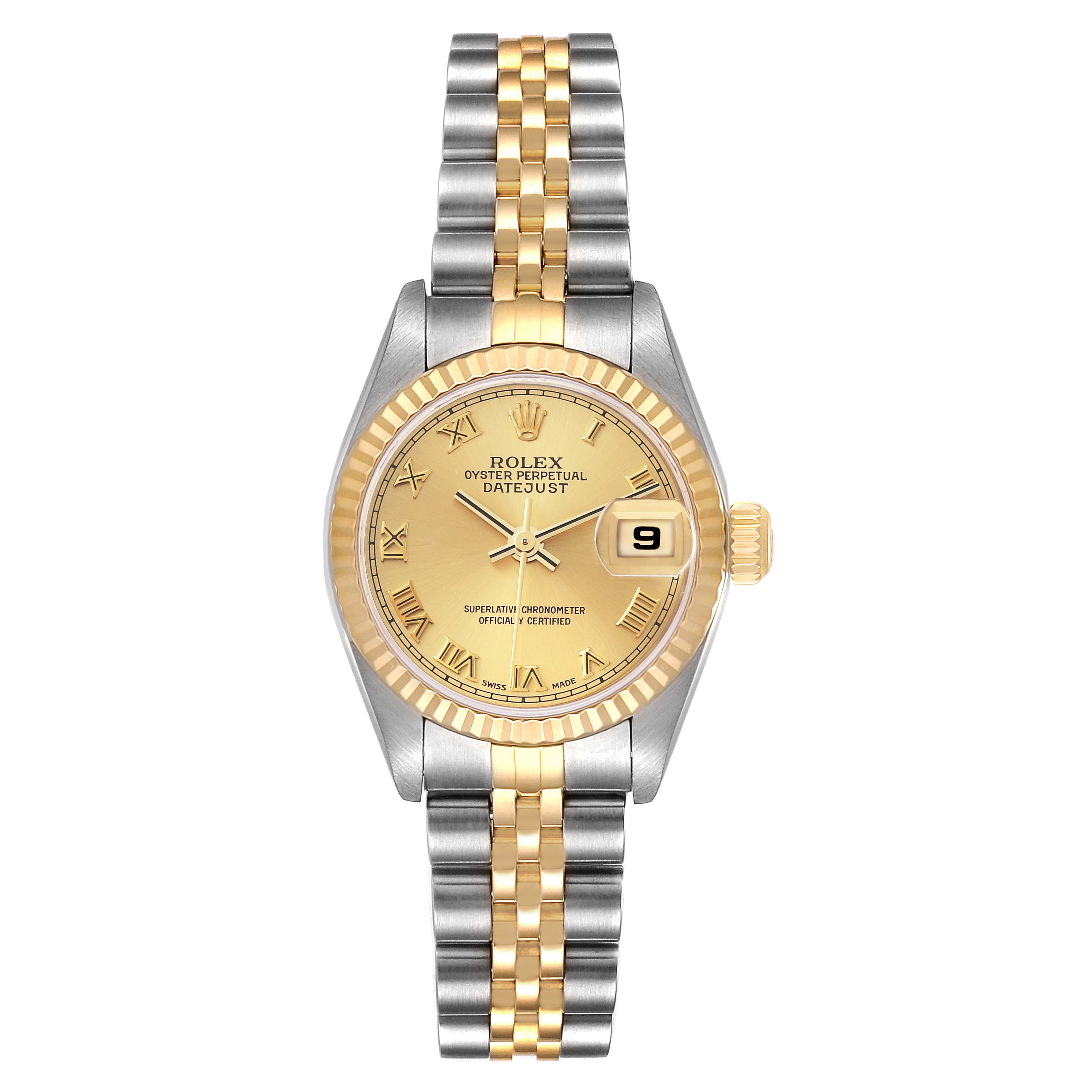 This is a front view of the Rolex Datejust 79173 Women's Steel and Gold (two tone) Champagne Dial 79173 Women's Steel and Gold (two tone) Champagne Dial watch, showing the dial, bezel, bracelet, and date display.