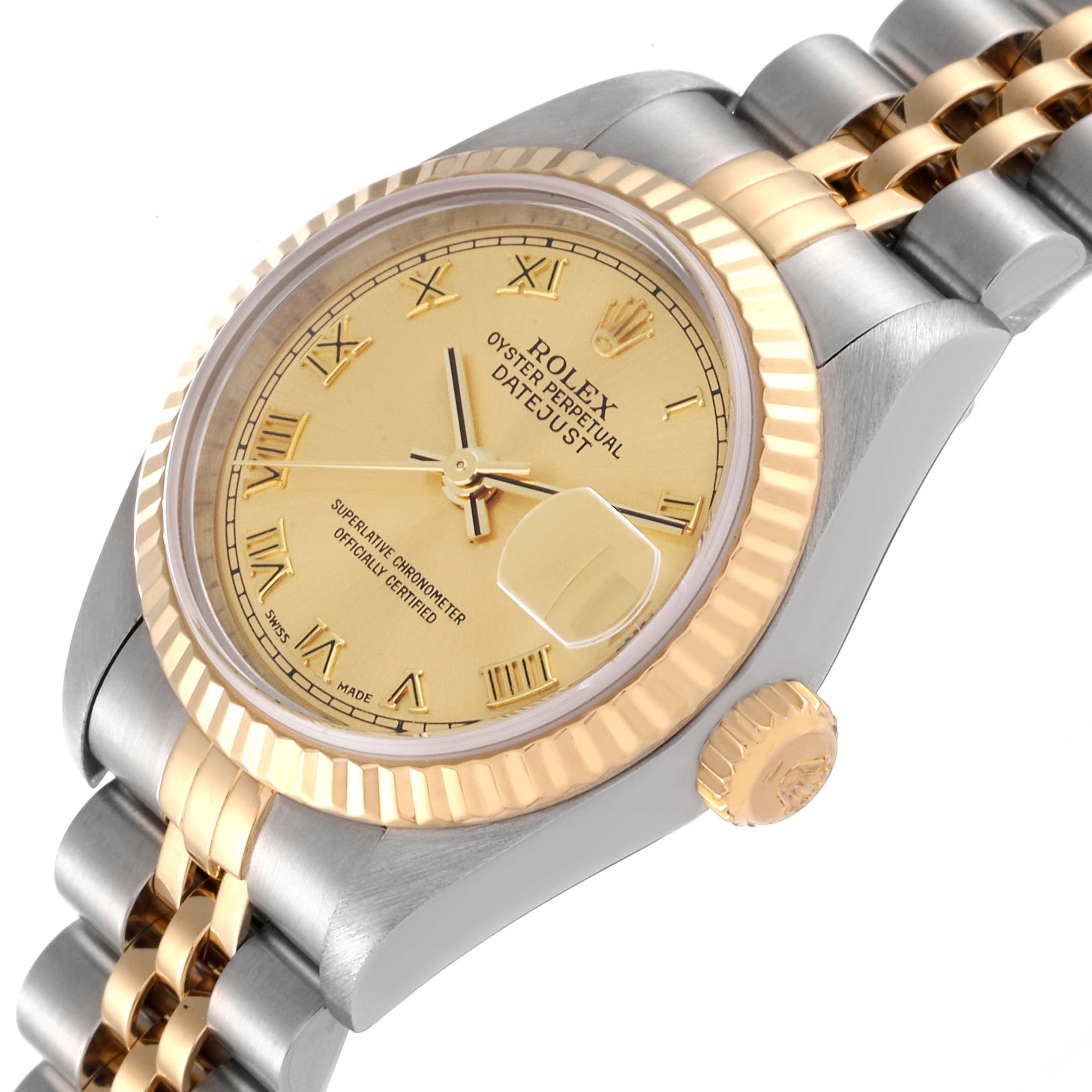 The Rolex Datejust 79173 Women's Steel and Gold (two tone) Champagne Dial 79173 Women's Steel and Gold (two tone) Champagne Dial watch is shown at a slight angle, showcasing the dial, bezel, crown, and part of the bracelet.