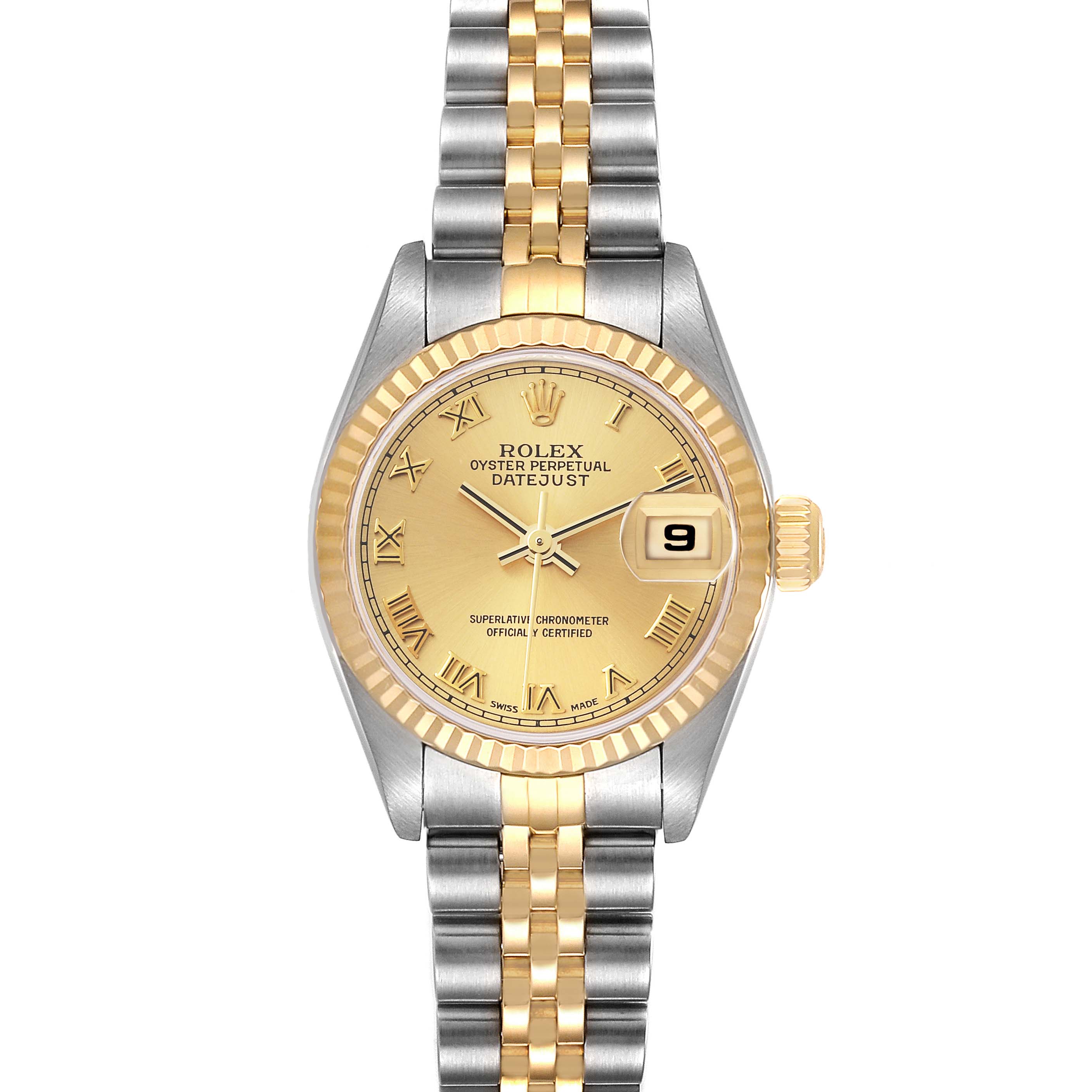The image shows a Rolex Datejust 79173 Women's Steel and Gold (two tone) Champagne Dial 79173 Women's Steel and Gold (two tone) Champagne Dial watch from the front, detailing its two-tone bracelet, fluted bezel, and date window.