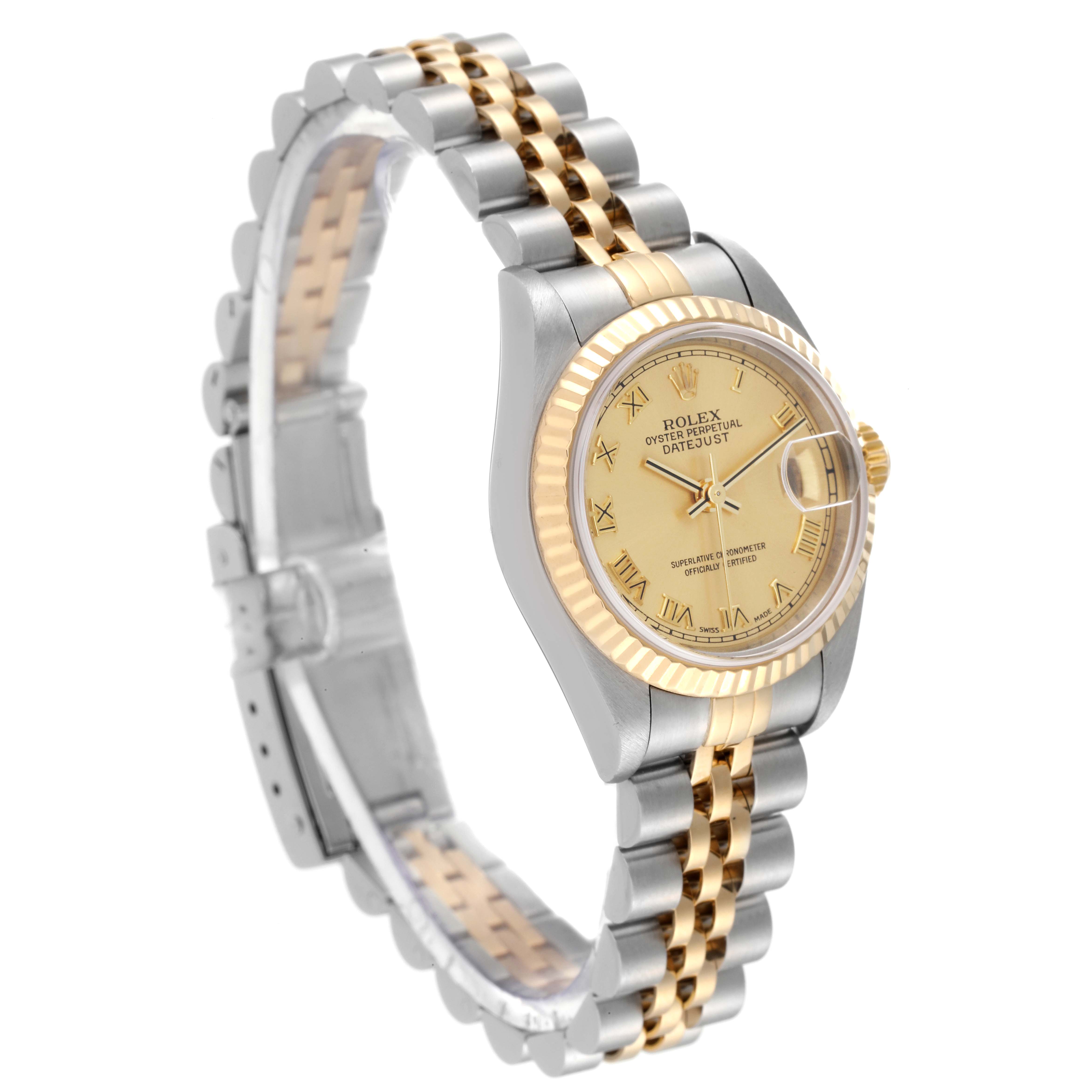 The image shows a side and front angle of the Rolex Datejust 79173 Women's Steel and Gold (two tone) Champagne Dial 79173 Women's Steel and Gold (two tone) Champagne Dial watch, highlighting the bezel, dial, crown, and two-tone bracelet.