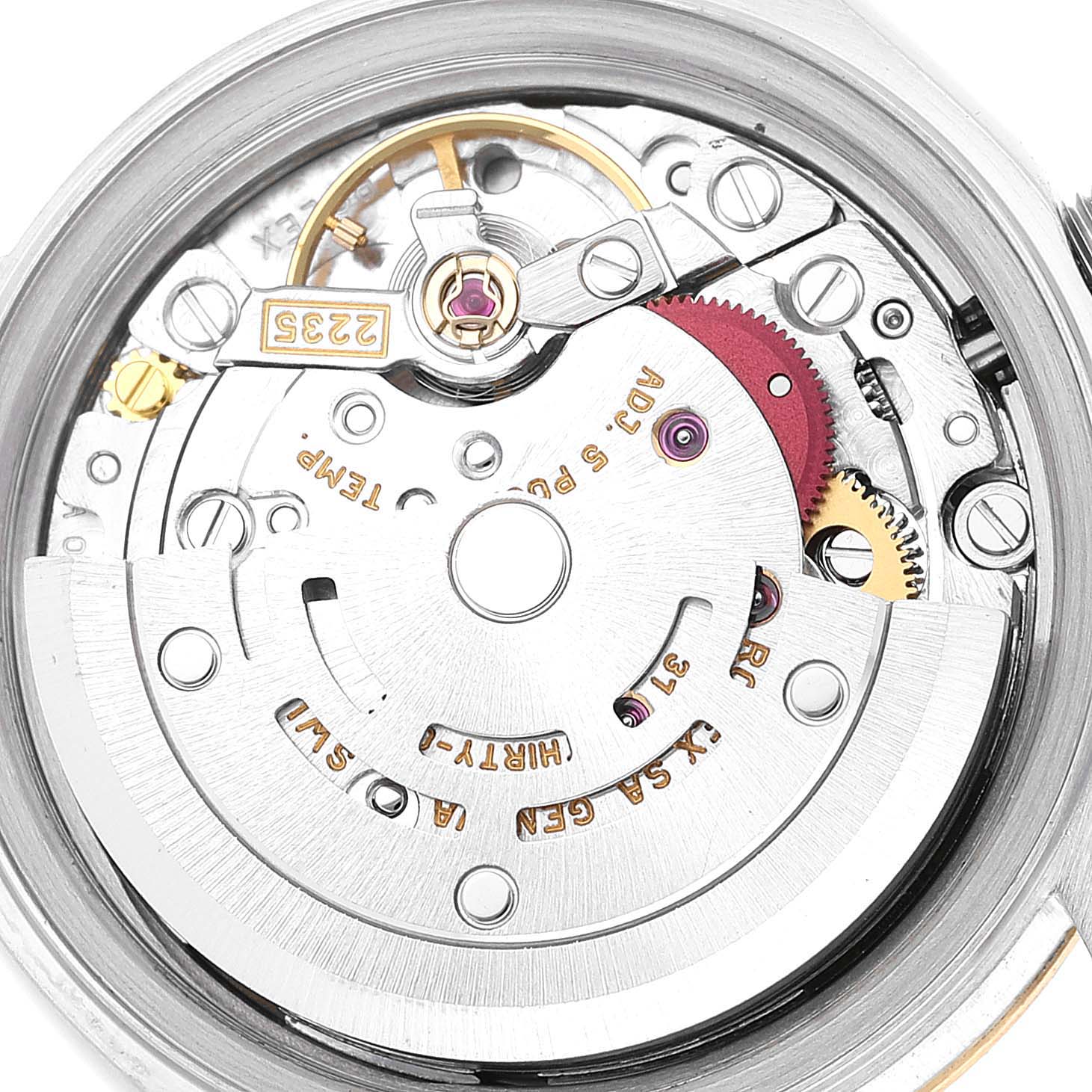 This image shows the intricate movement mechanism of a Rolex Datejust 79173 Women's Steel and Gold (two tone) Champagne Dial 79173 Women's Steel and Gold (two tone) Champagne Dial watch, viewed from the back.