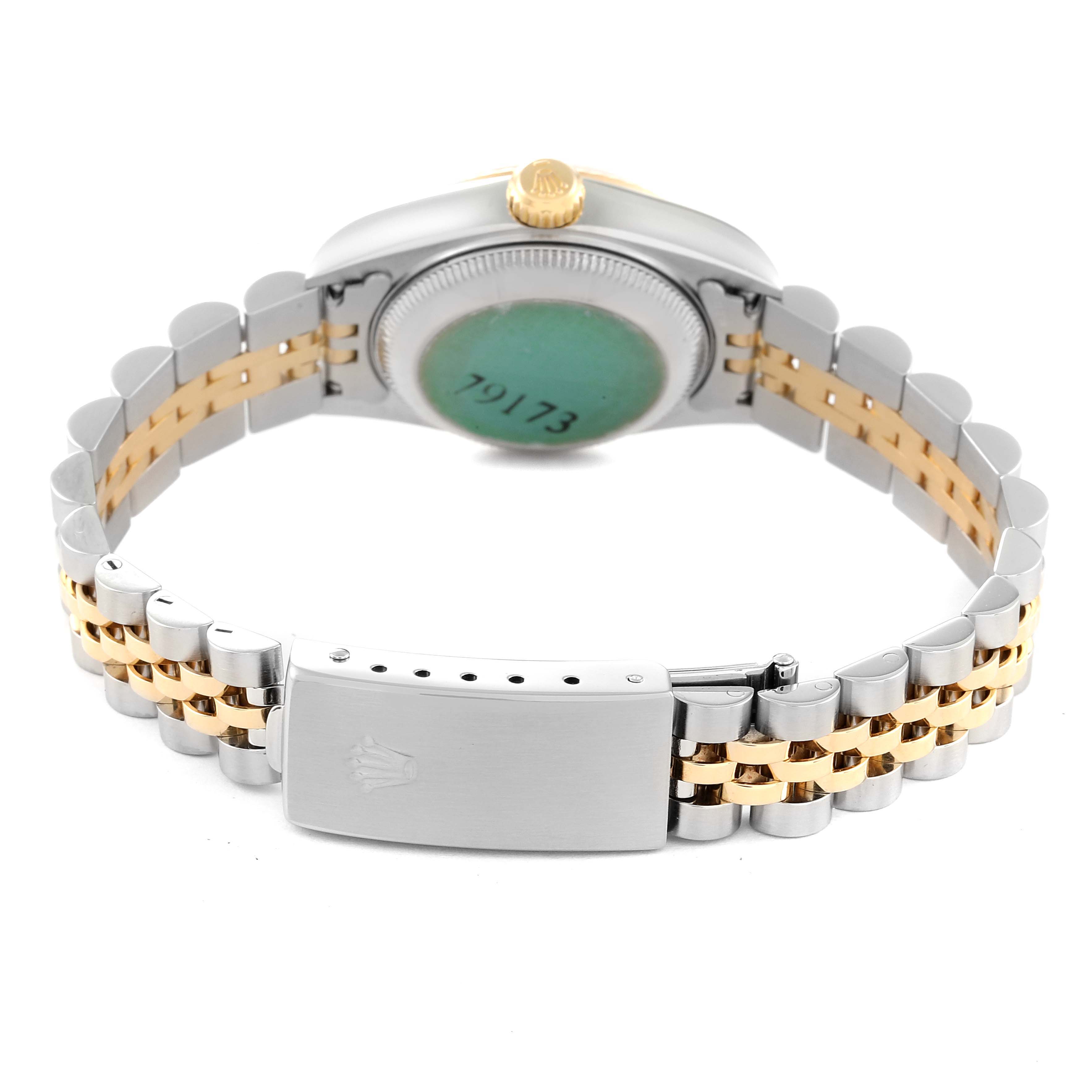 This image shows a rear view of the Rolex Datejust 79173 Women's Steel and Gold (two tone) Champagne Dial 79173 Women's Steel and Gold (two tone) Champagne Dial model, including its case back, bracelet, and clasp.