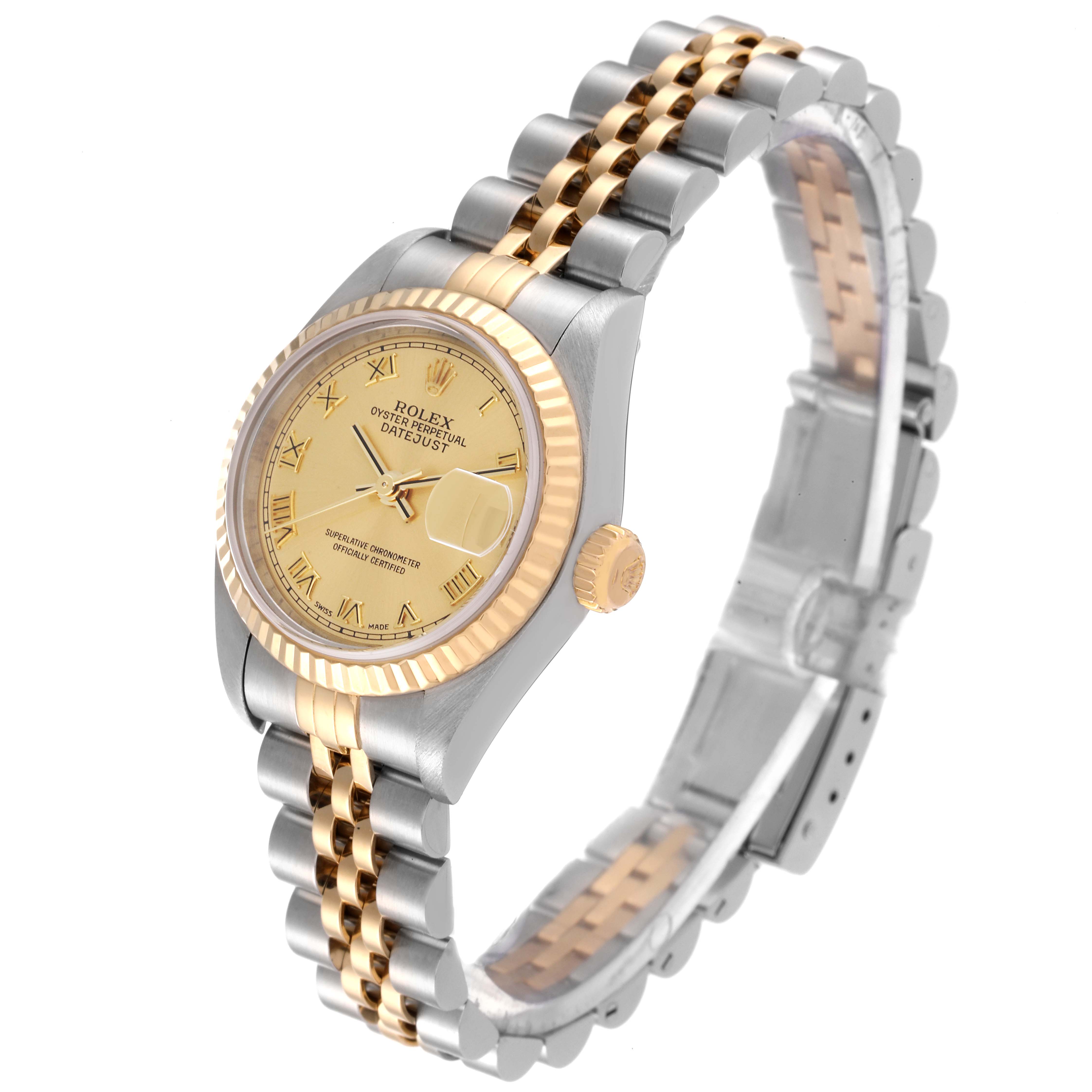 The image shows a side angle of a Rolex Datejust 79173 Women's Steel and Gold (two tone) Champagne Dial 79173 Women's Steel and Gold (two tone) Champagne Dial watch, highlighting its two-tone bracelet, gold fluted bezel, and champagne dial.